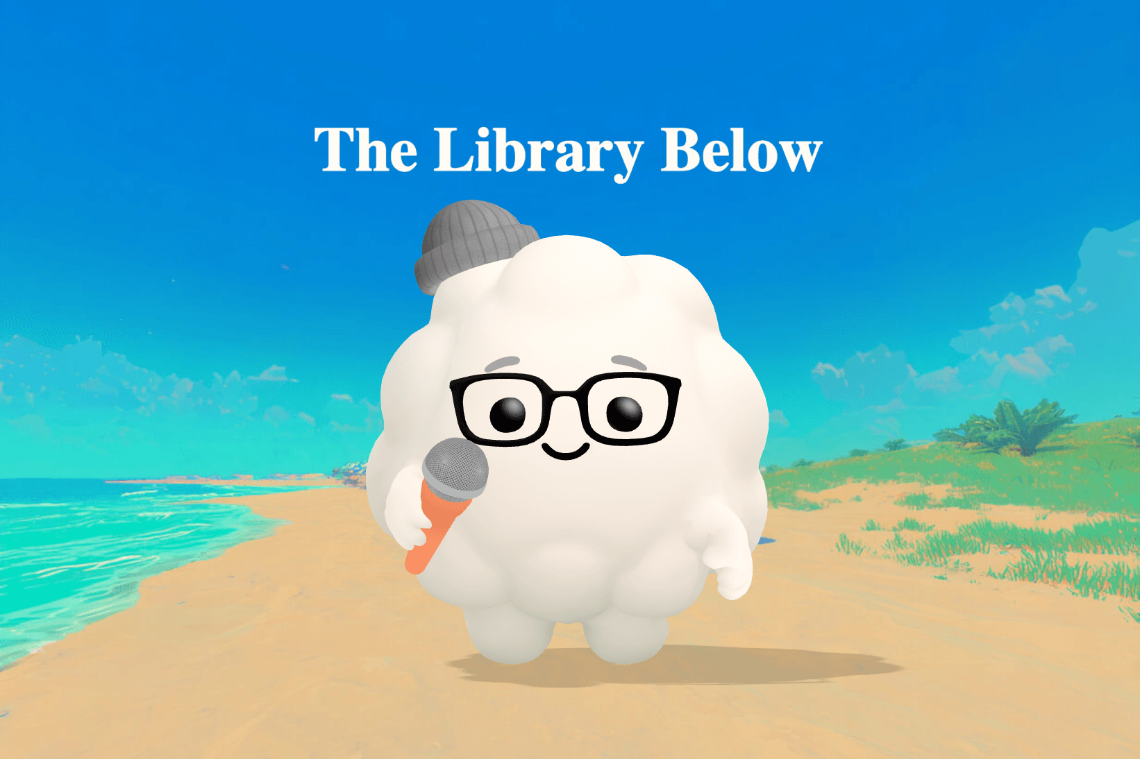 A young girl in wet socks stands at the bottom of a glowing blue staircase surrounded by towering bookshelves in a magical underground library.