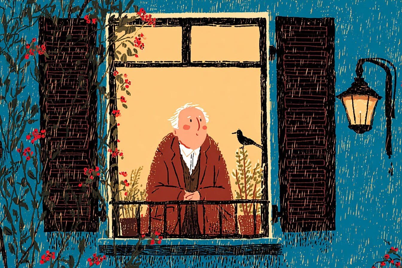 A warm candlelit room where three gentle Christmas spirits visit a lonely man as snow falls outside the window.