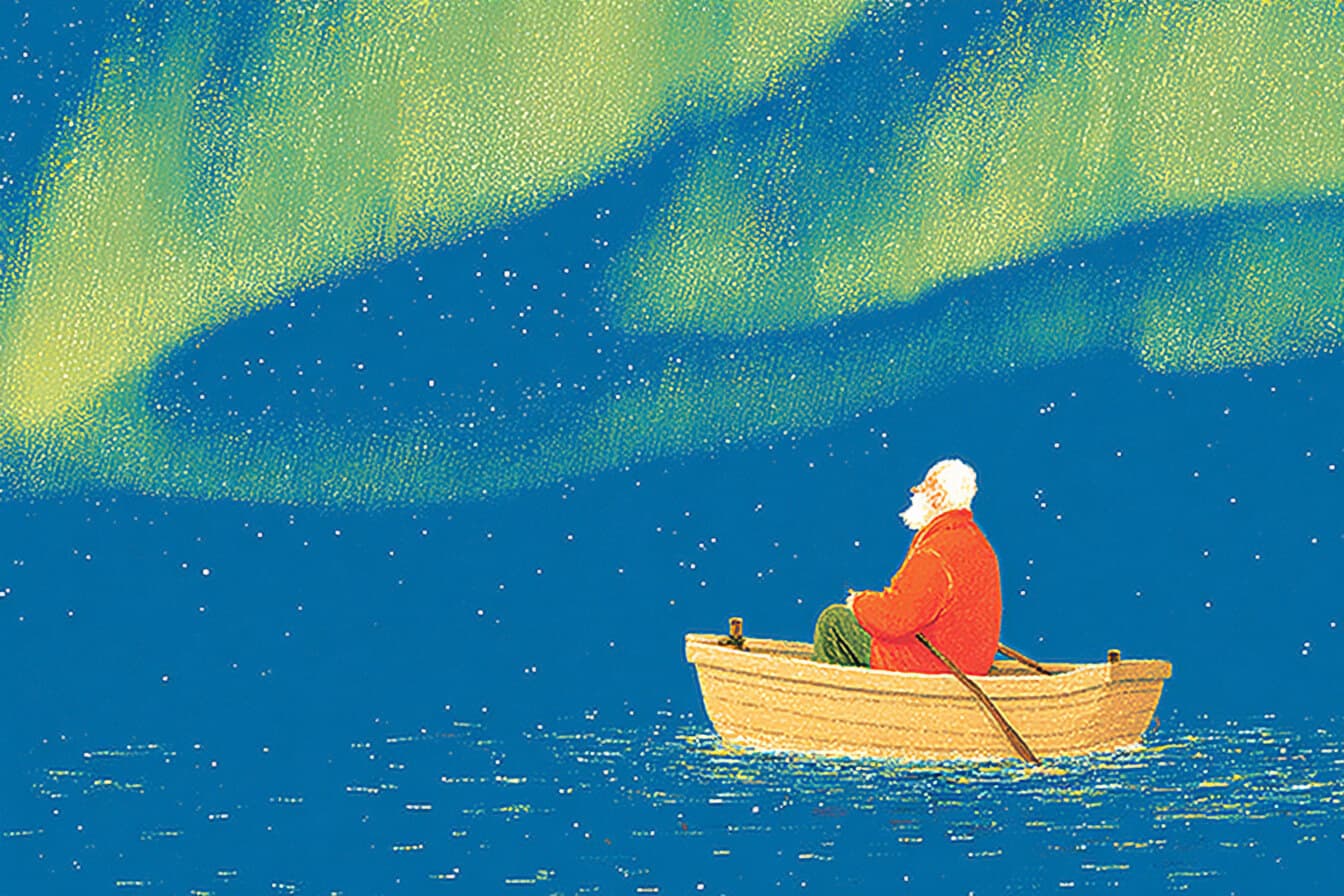 An old fisherman sits in a small boat on a snowy lake gazing up at vivid northern lights swirling across the winter sky.