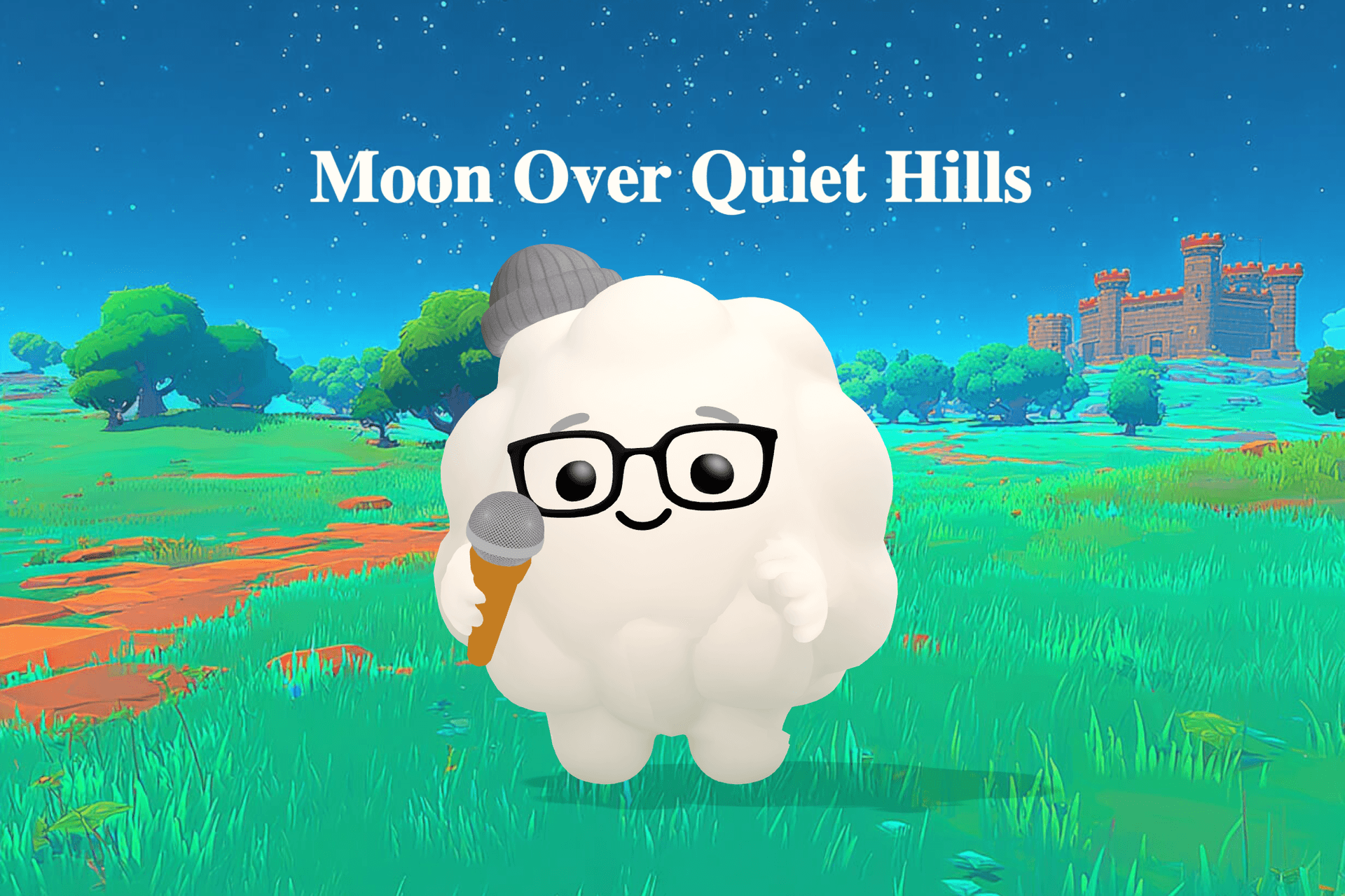 A gentle moon rises over soft green hills as silver light drifts across a quiet valley at nightfall.