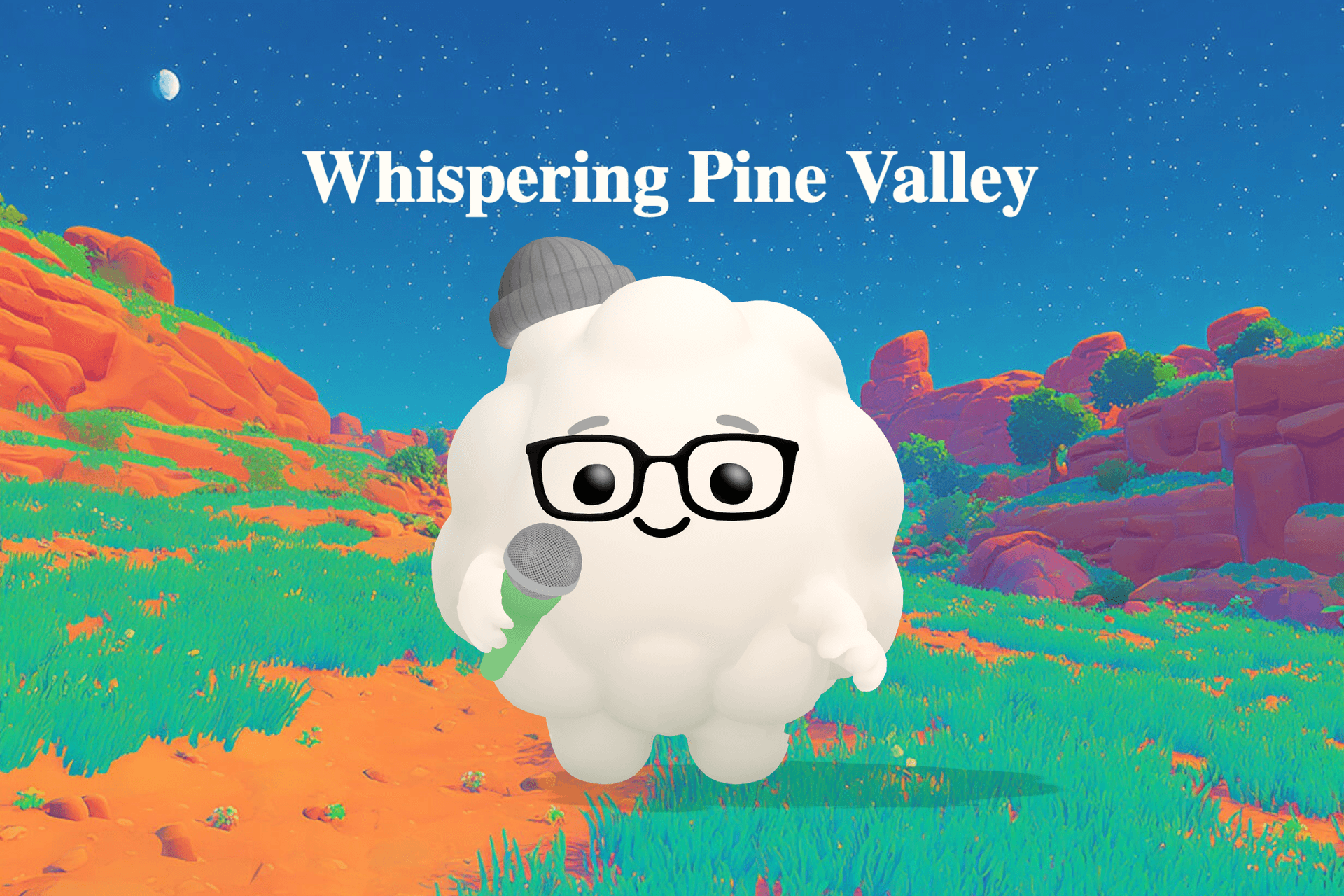 A soft moonlit valley surrounded by dark pine trees with stars glowing above quiet hills and a small fox resting near a stone wall.