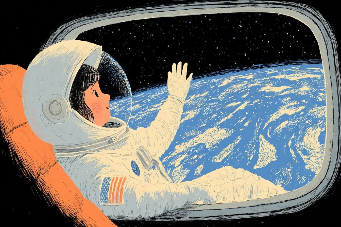 An astronaut floats by a spaceship window watching Earth and a trail of tiny meteors in quiet starlight.