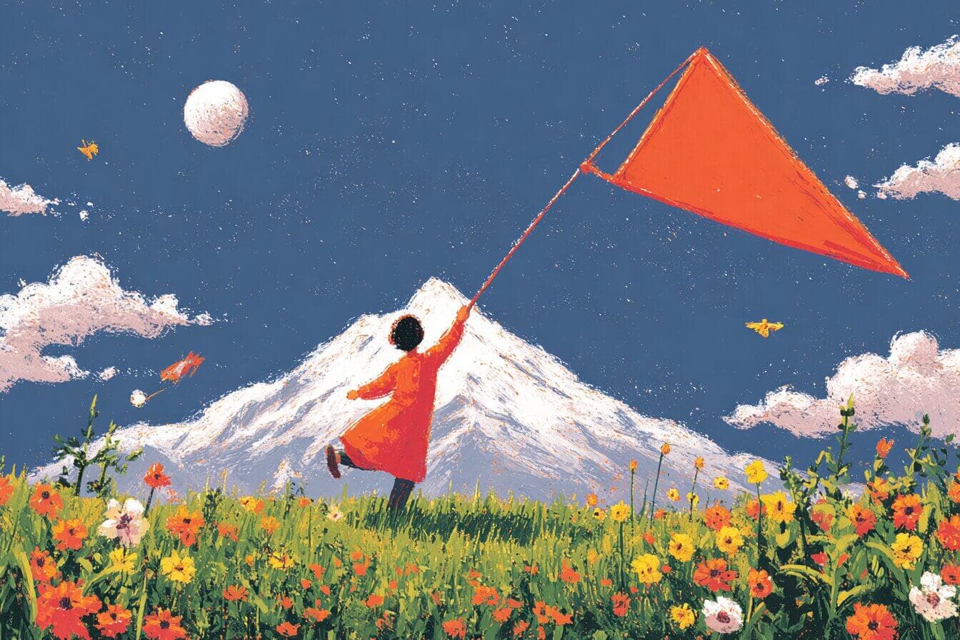 A boy rides with the North Wind above snowy rooftops toward glowing cloud gardens and a quiet ice palace.