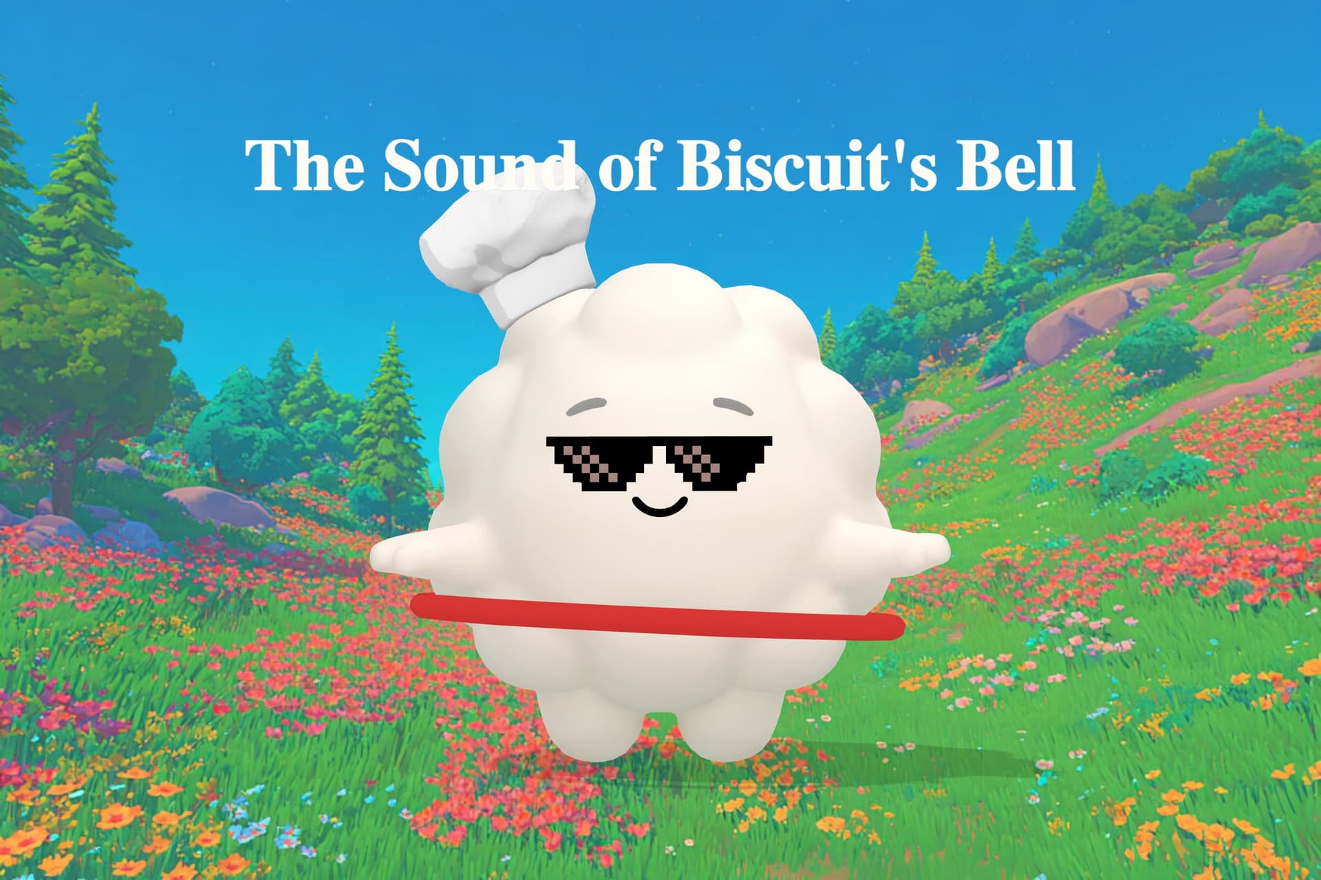 A small blue tugboat named Biscuit floats through a foggy harbor while buoy bells ring softly in the mist and a whale surfaces nearby.