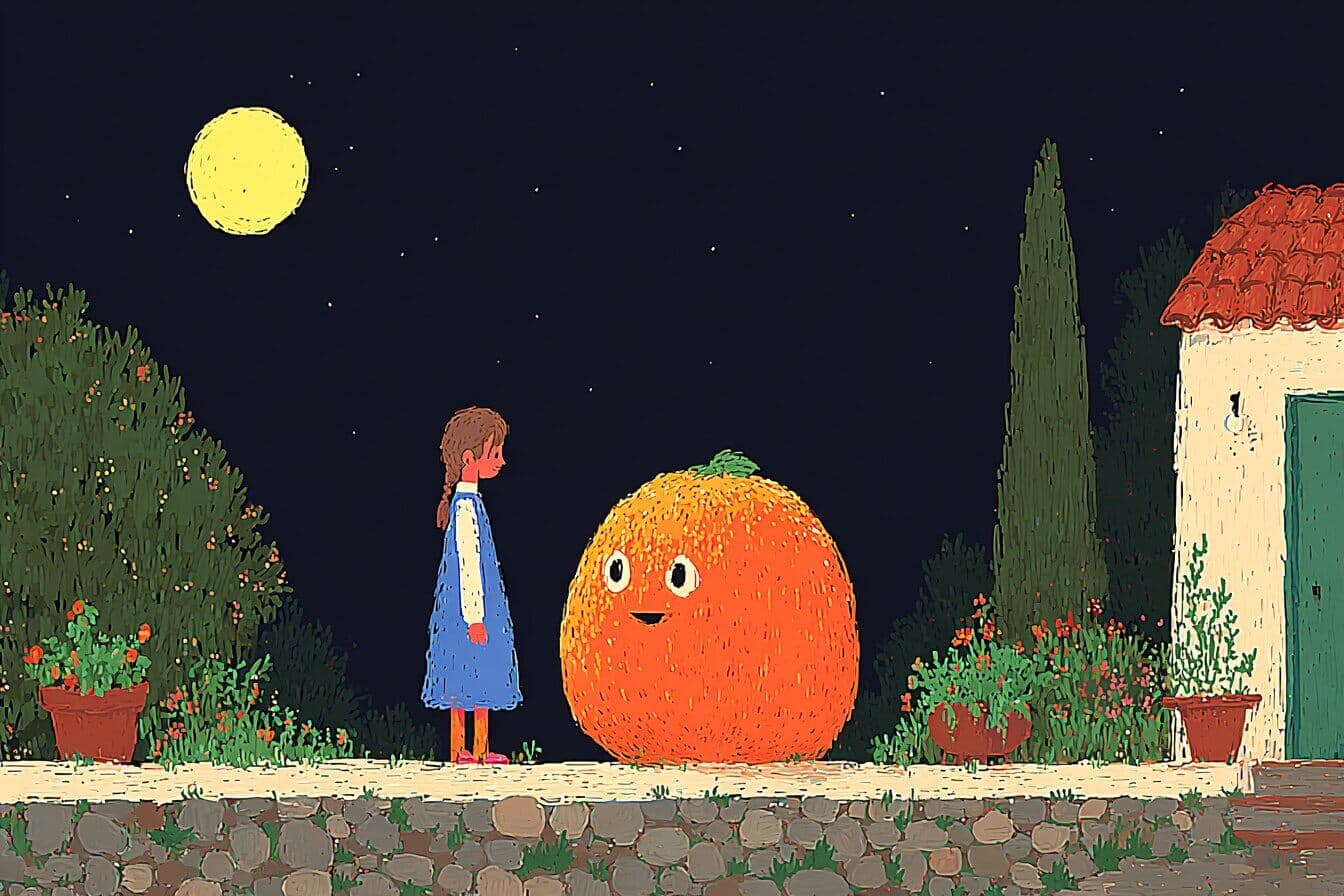 A young girl crouches in a golden pumpkin patch at sunset, gently holding a tiny lopsided pumpkin in her open palm.