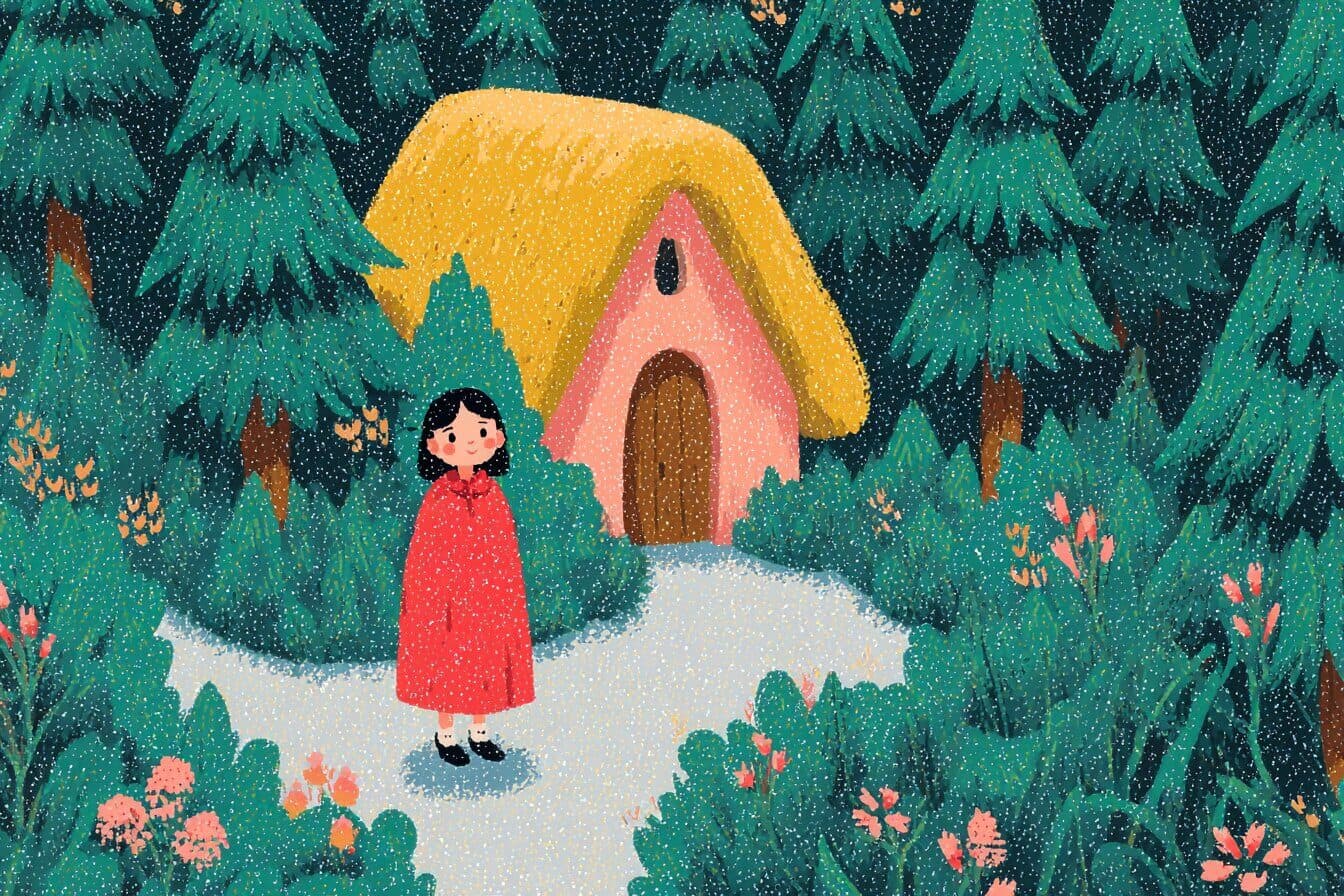 Vasilisa walks through a snowy pine forest toward a dancing hut on chicken legs while holding a small lantern.