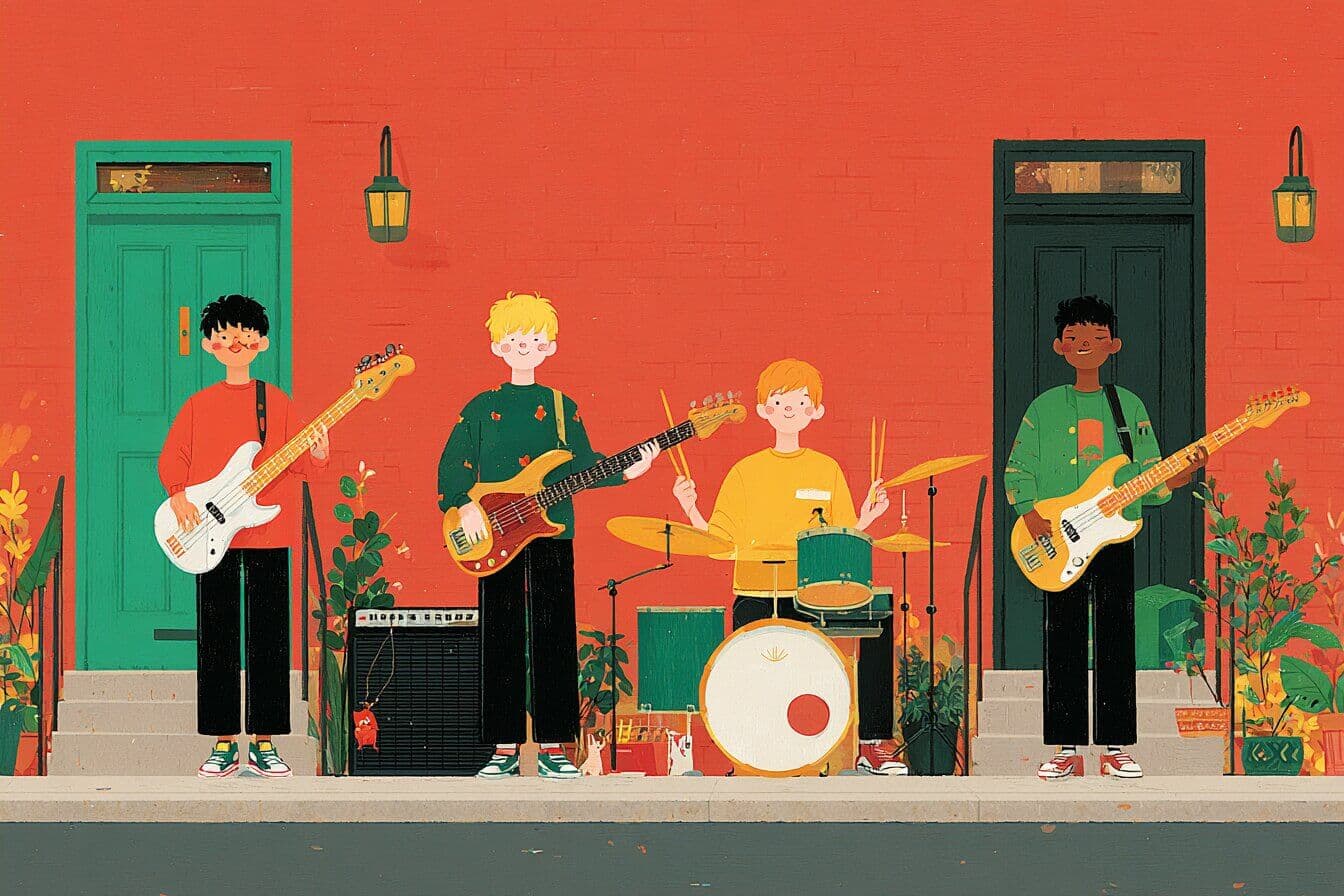 Four kids making music with their voices and hands inside a cozy garage on Maple Street at dusk.
