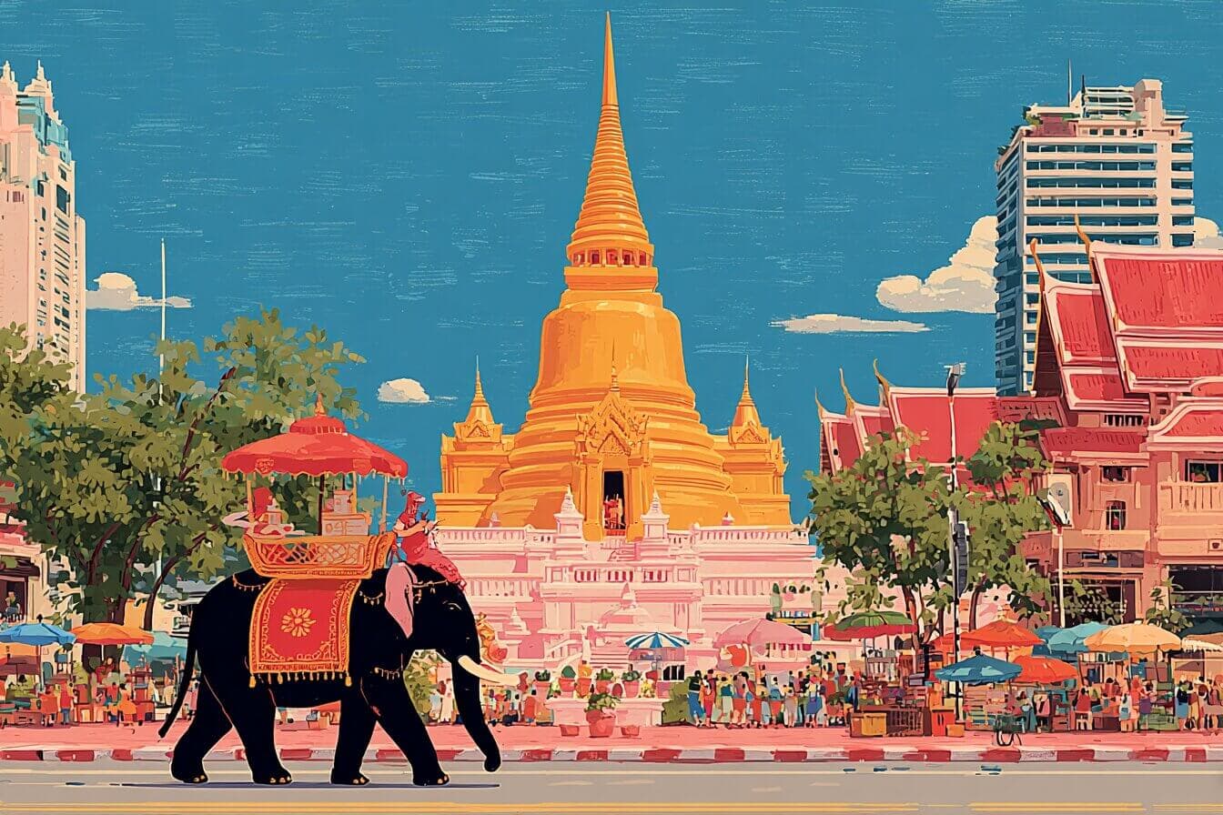 A small white mouse rides on a gentle elephant near glowing Bangkok temples under a full moon.