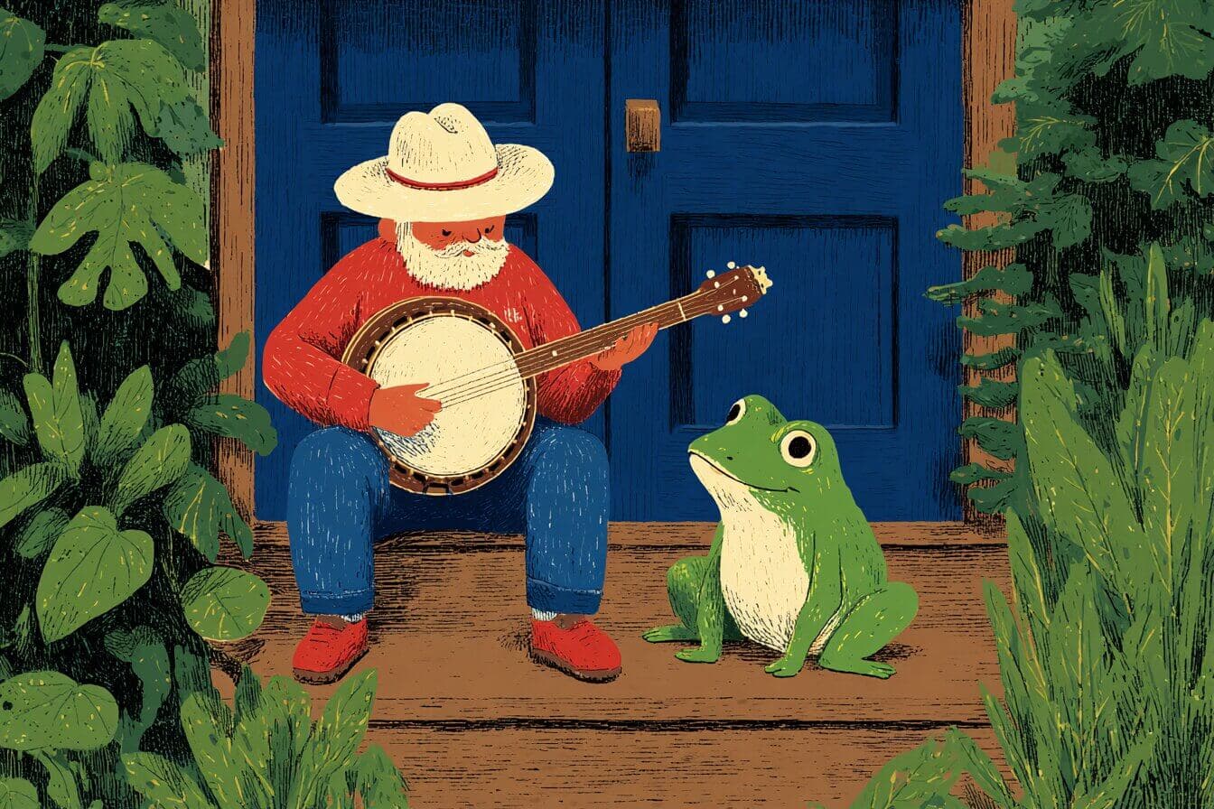 A green speckled frog sitting near an old man playing banjo on a moonlit back porch surrounded by a lush vegetable garden.