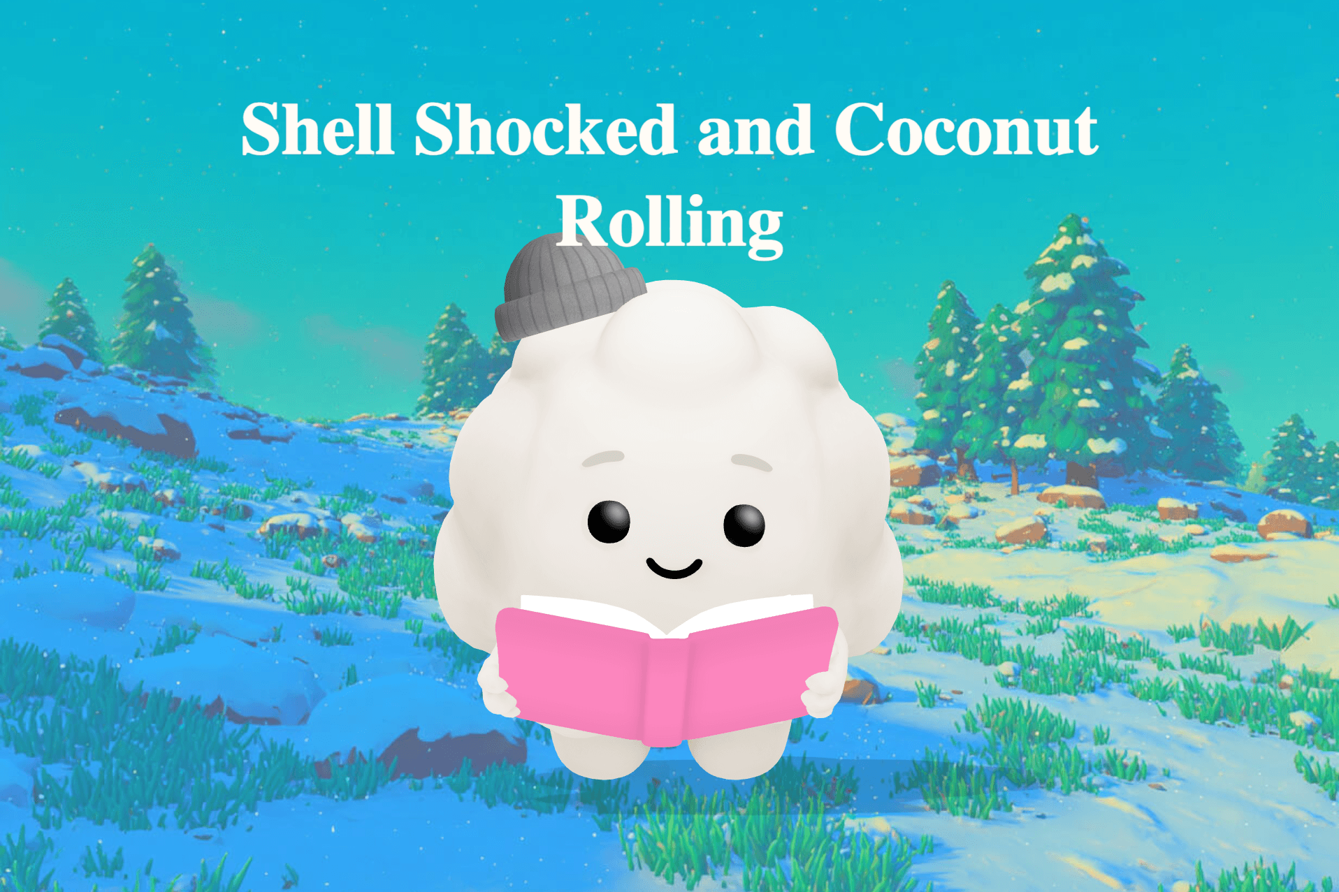 A cheerful hermit crab peeks out from a coconut shell on a sandy beach at sunset while seagulls watch in confusion.