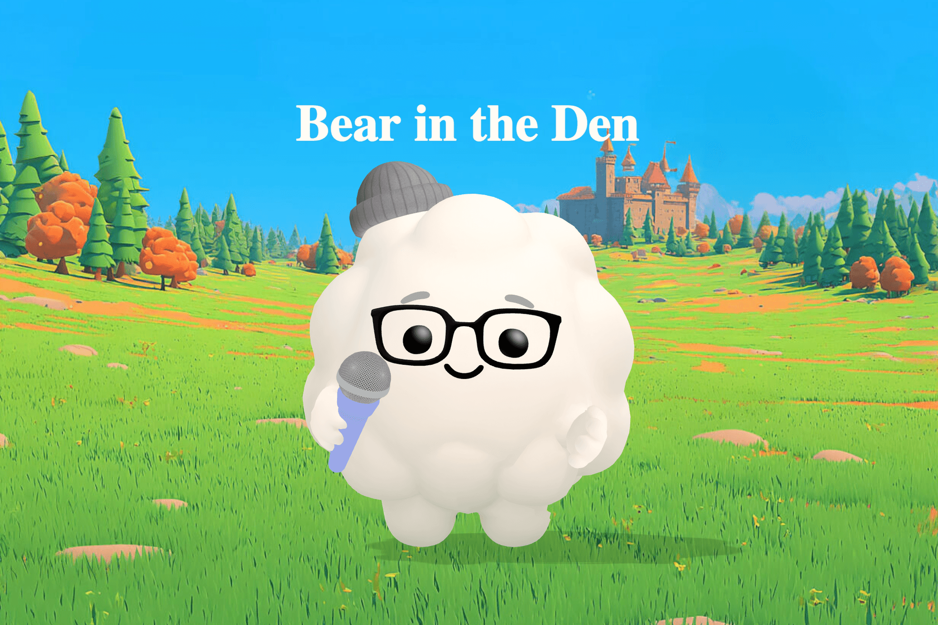 A soft, dreamy illustration of a bear cub sleeping peacefully in a cozy cave beneath a starlit winter sky.