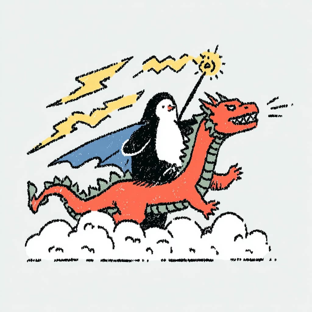 Little penguin and crystal dragon flying above a snowy fantasy kingdom at night