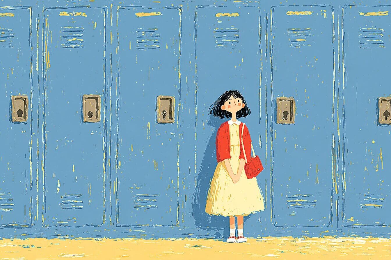 A student holds an old paper map beside a school locker in a quiet hallway.