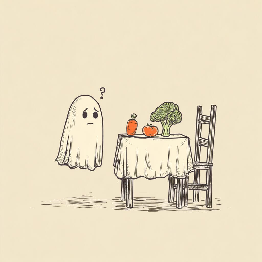 Cute ghost in a cozy kitchen surrounded by smiling vegetables at night