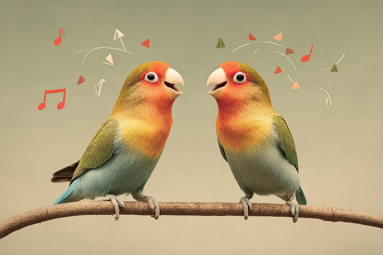 Two colorful parrots singing softly in a rainforest at sunset