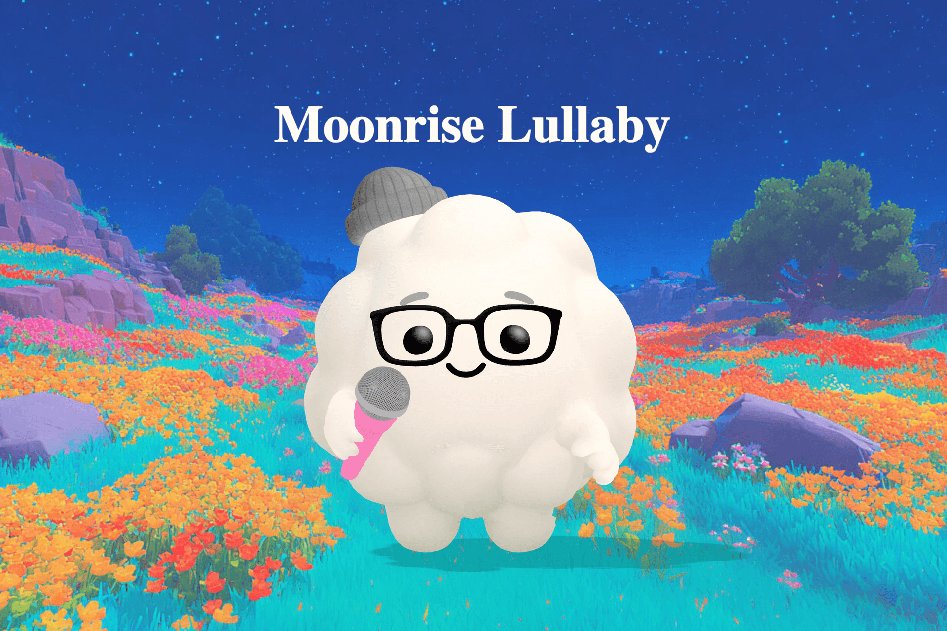 A soft, dreamy night scene with silver moonlight glowing over dim hills, a still lake, and stars twinkling gently in a dark blue sky.