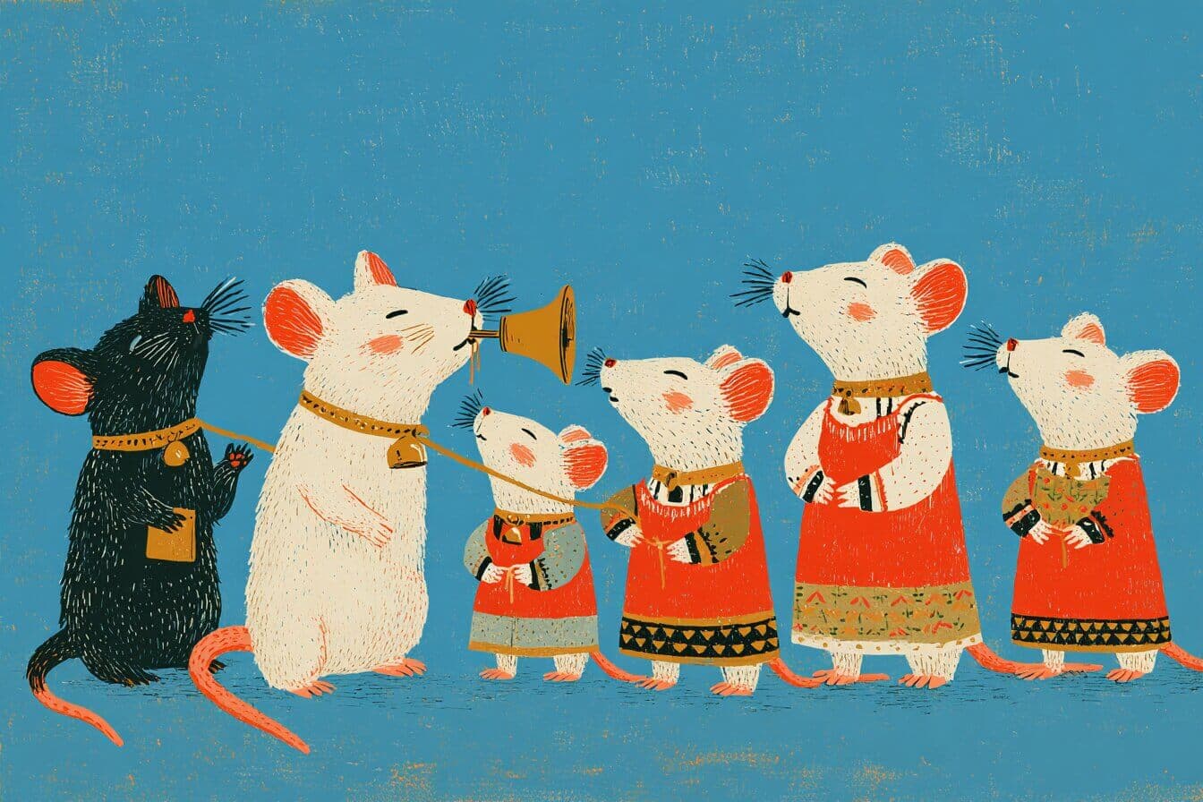 A small mouse quietly ties a tiny bell to a sleeping cat while candlelight glows behind the kitchen wall.