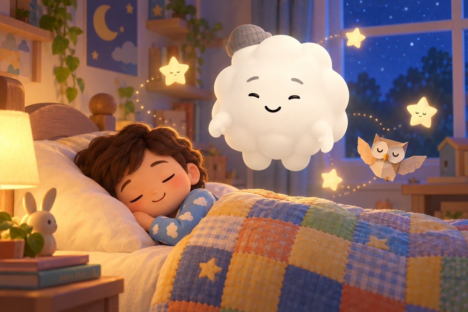 Cleo the Cloud, Sleepytale's friendly cloud companion, floating beside a child who is happily listening to a story at bedtime.