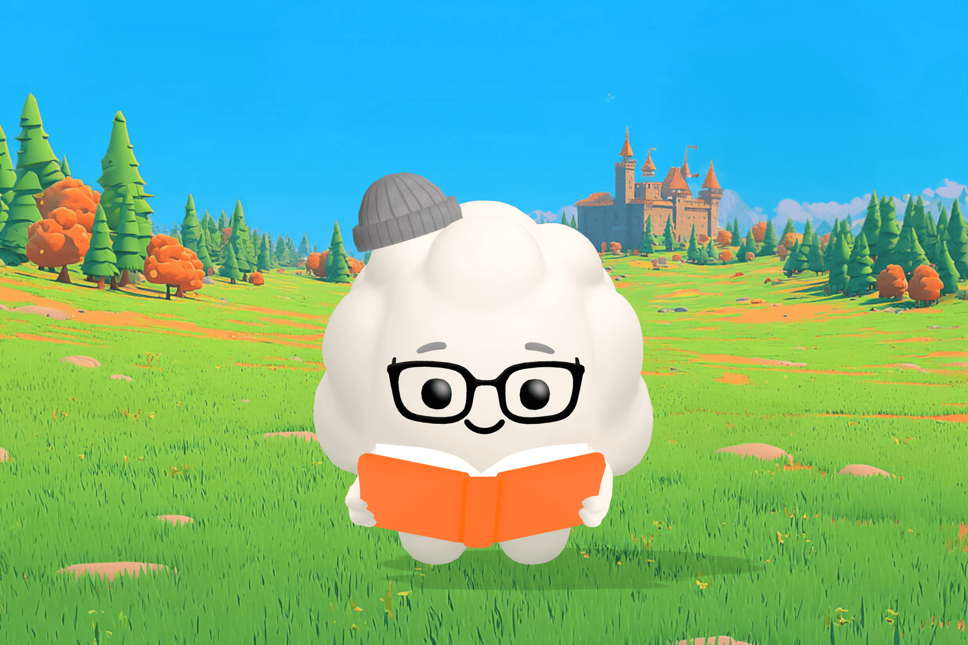 Cleo the Cloud, Sleepytale's friendly cloud companion, smiling beside a child listening to a playful rhyme in a calm, softly lit room.