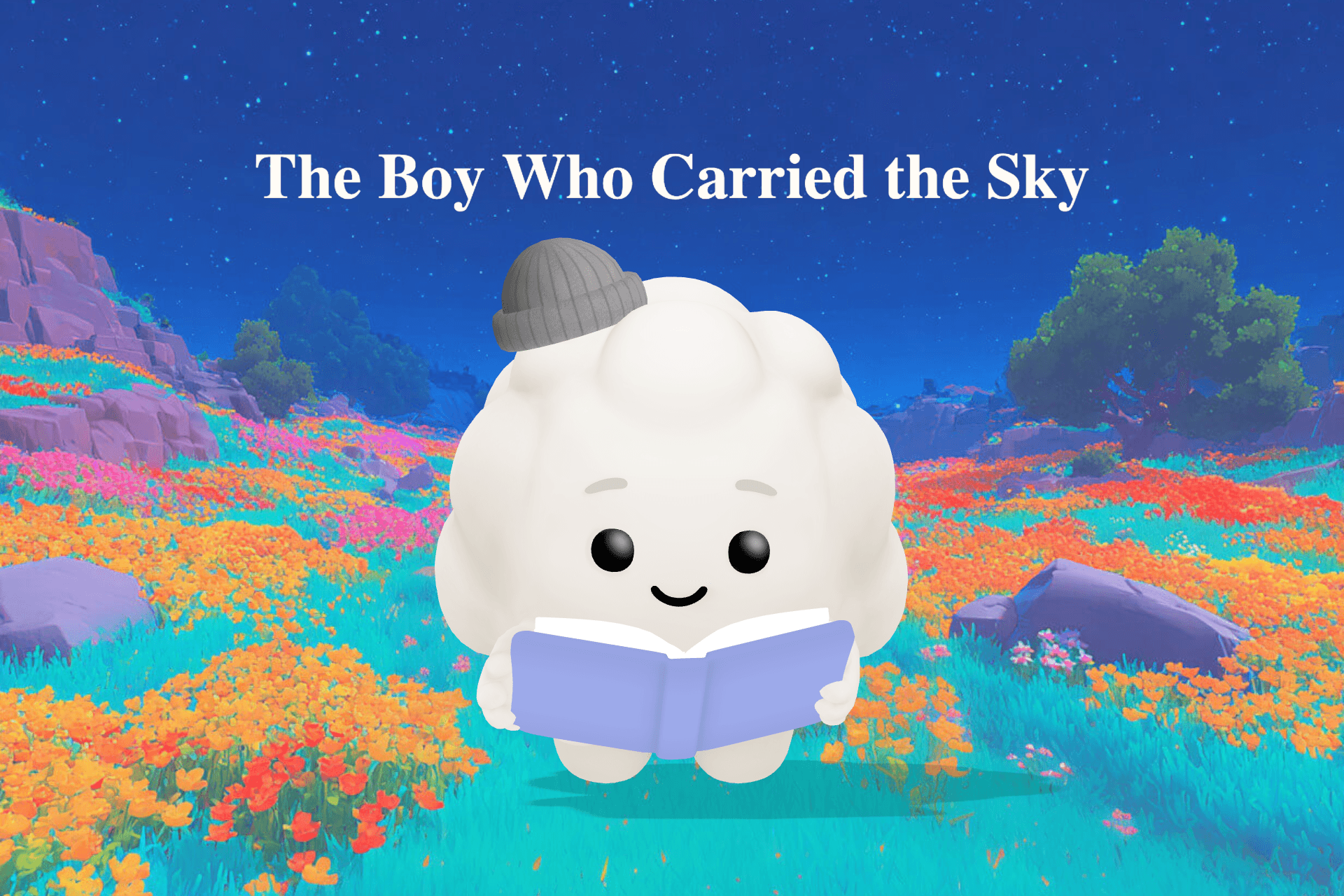 A small shepherd boy stands on a hilltop at dusk holding a sling while sheep gather around his feet and stars begin to fill the purple sky.