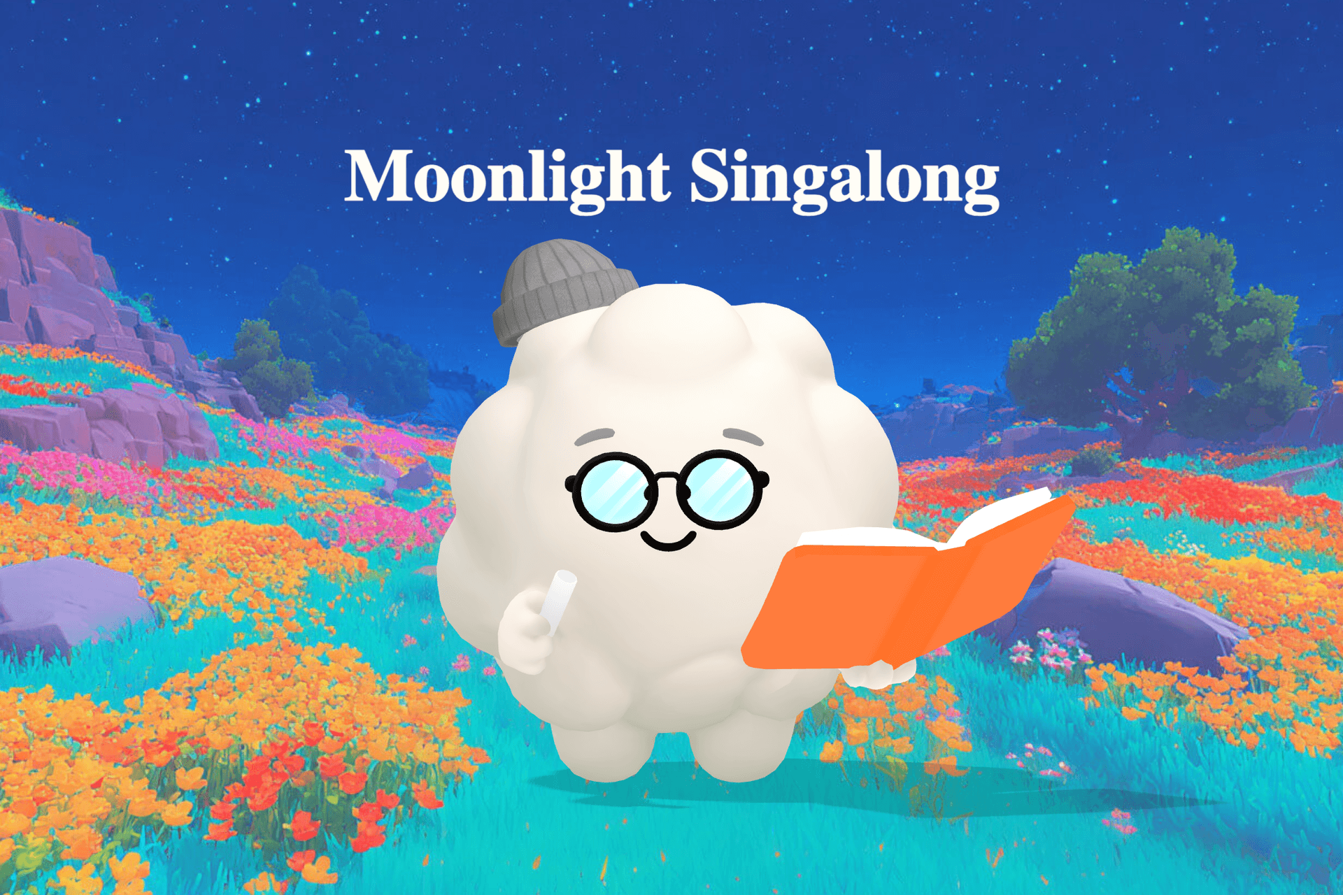 A soft, dreamy nighttime scene with moonlight glowing over a quiet meadow where fireflies float near a sleeping child under silver stars.