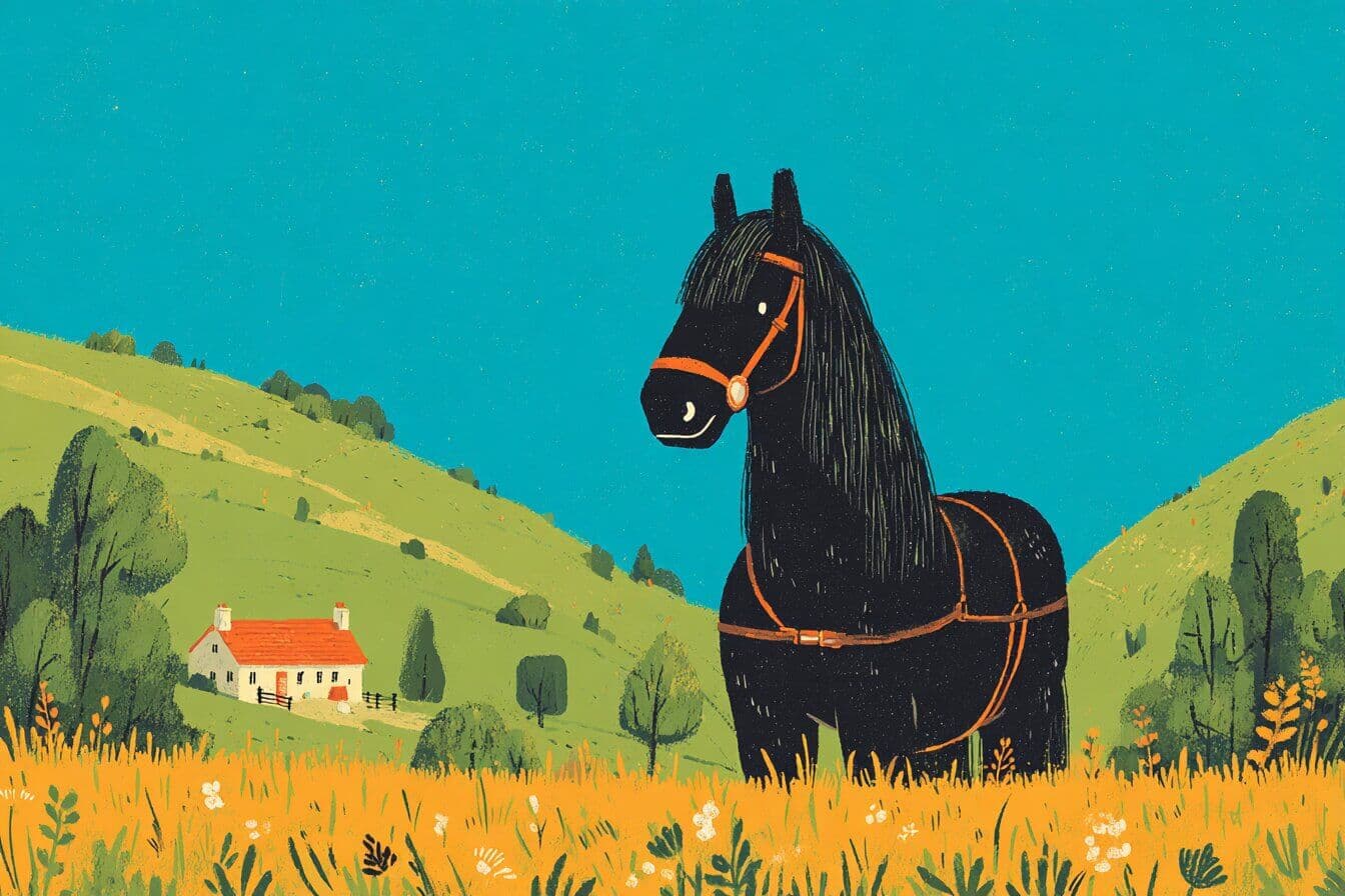 Illustration of a glossy black horse with a small star on its forehead standing calmly in a green field at sunset.