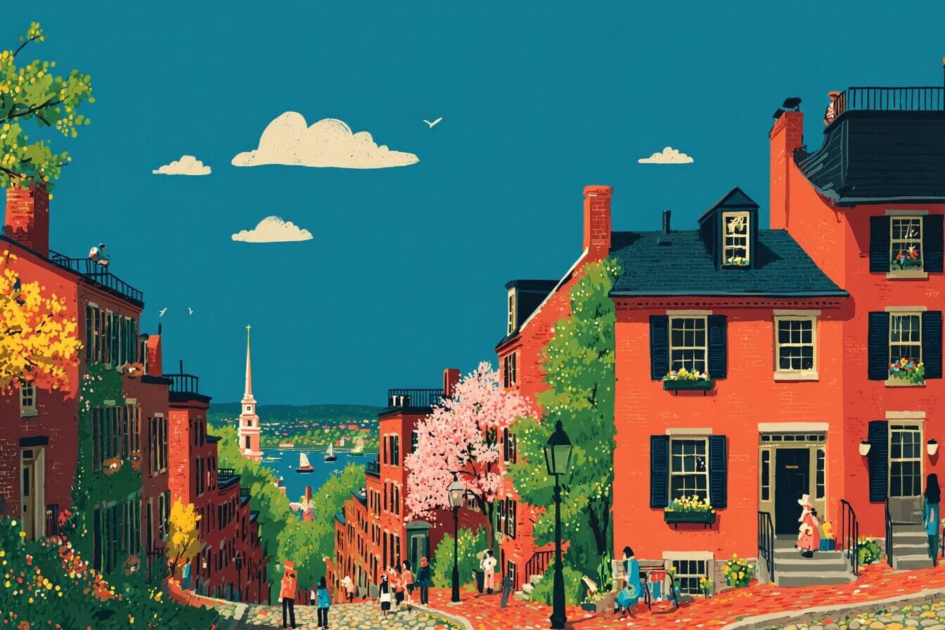 A child listens to softly humming cobblestones on a quiet Boston street at twilight.