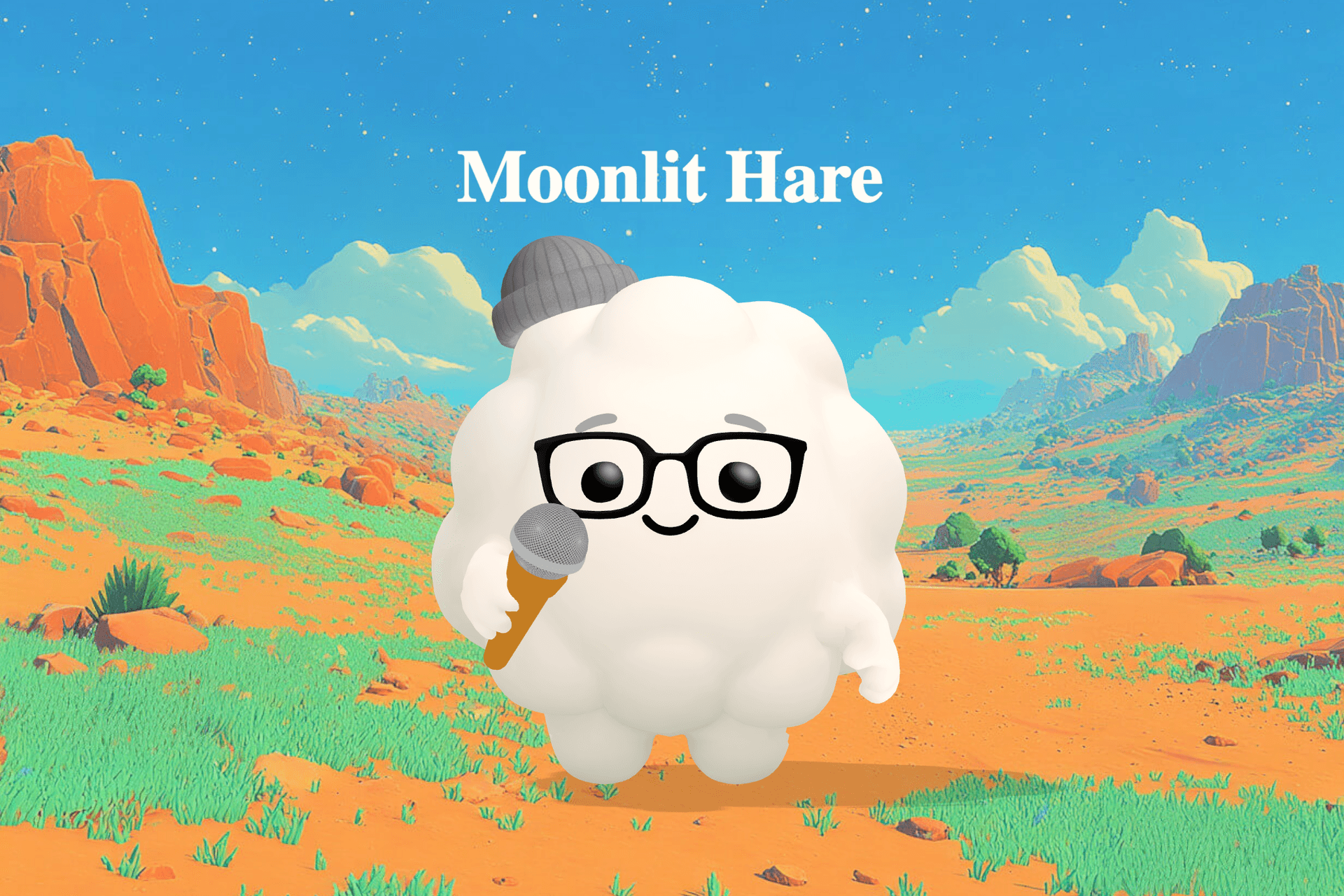 A soft illustration of a small hare glowing in silver moonlight as it hops through a quiet meadow under watchful stars.