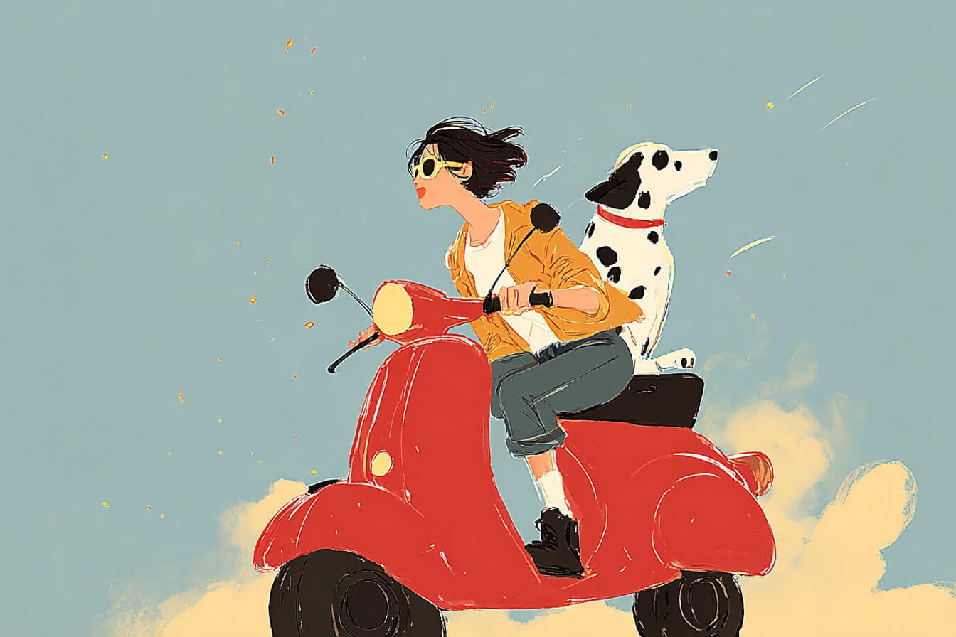 Girl on a red moped with a small dog in the basket riding through an Italian countryside sunset