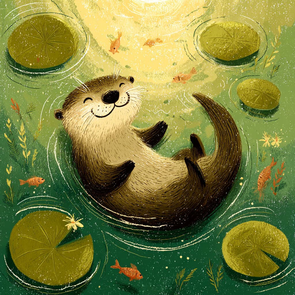 Person resting in bed at night listening to a calming bedtime story about an otter on a quiet river