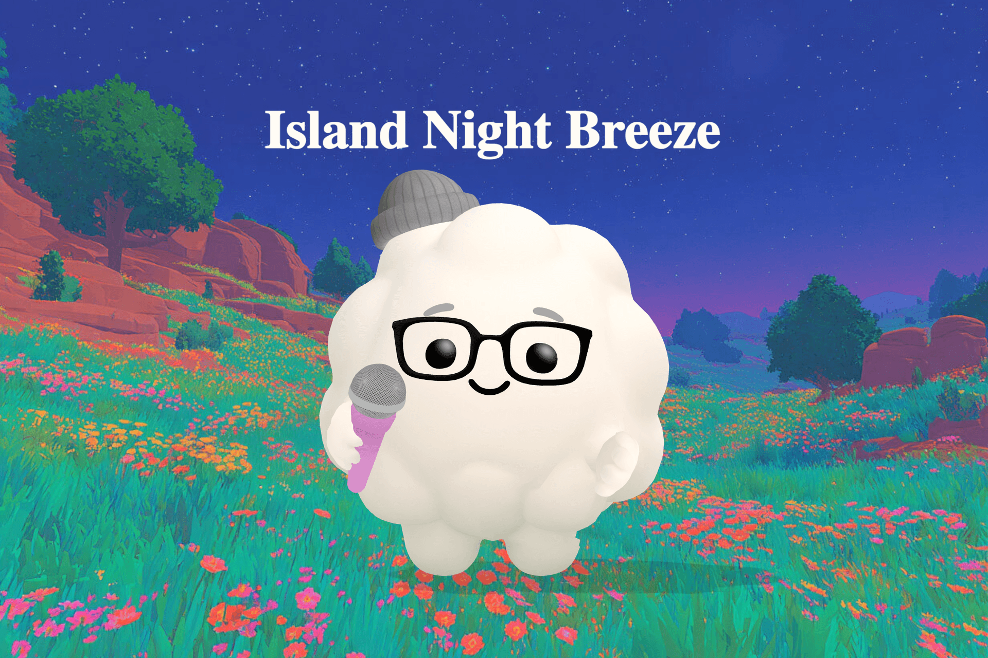 A dreamy tropical island at night with soft moonlight on the ocean, swaying palm trees, and gentle waves rolling onto a sandy shore.