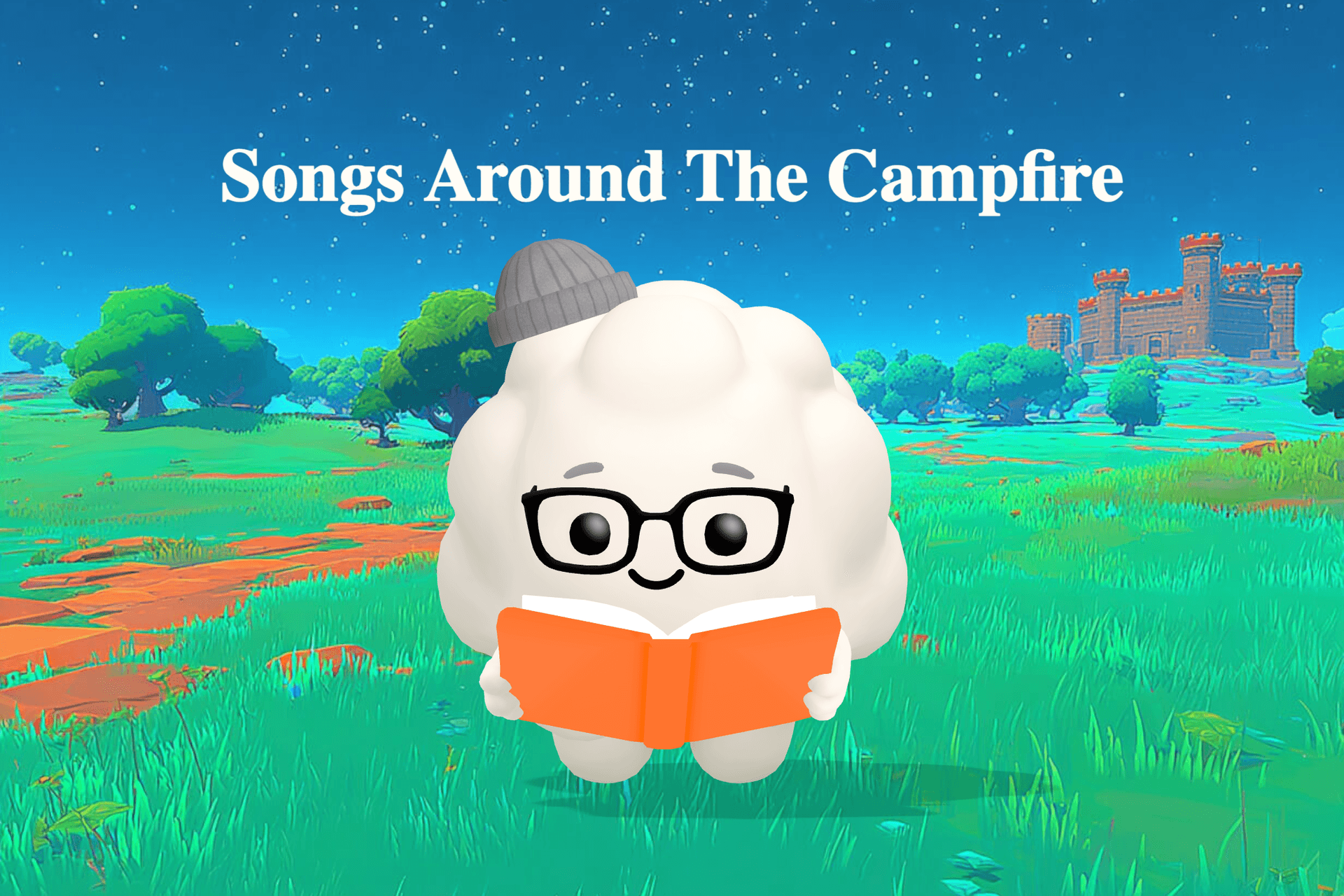 A soft, dreamy campfire scene with tiny sparks floating into a starlit sky as a child rests peacefully beside glowing embers and lanterns.