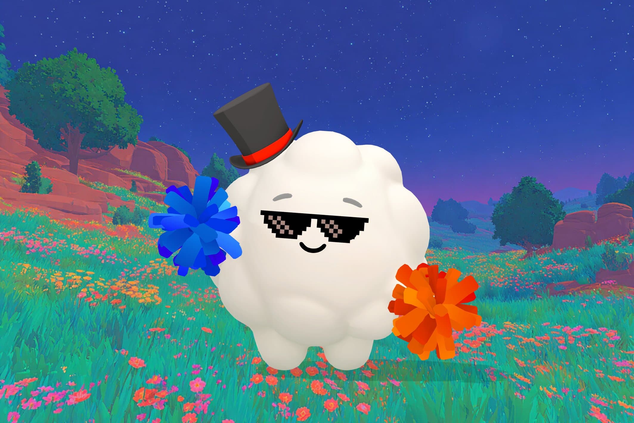 Cleo the Cloud, Sleepytale's friendly cloud companion, smiling beside children exploring a classic fairy tale world with a distant castle, an enchanted forest, magical objects, and an open storybook.