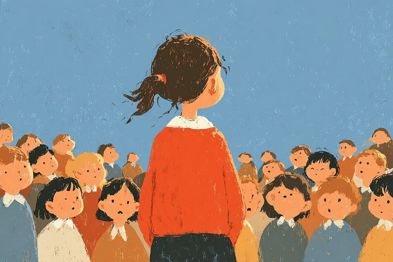 A young girl singing softly in a church basement choir while snow falls outside the windows.