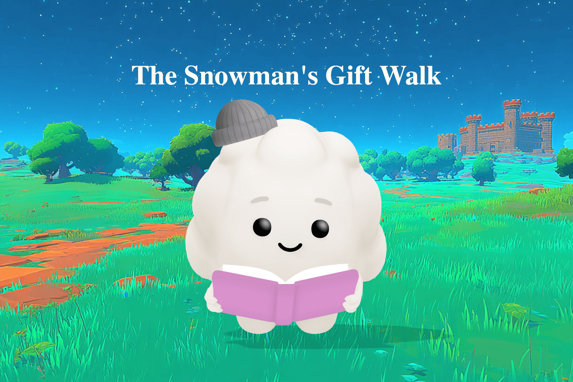 A snowman carrying a bucket of pinecones walks through a snowy neighborhood at night, leaving small gifts on each doorstep under a glowing streetlamp.