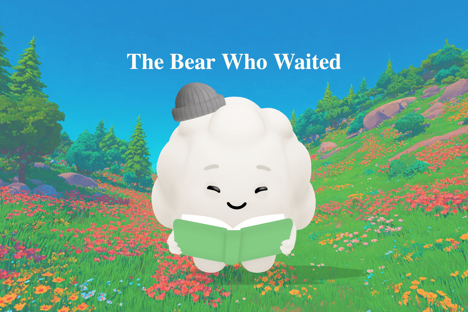 A stuffed bear named Theodore Button sits on a toy shop shelf surrounded by glittery unicorns, looking hopefully toward the door on a rainy afternoon.