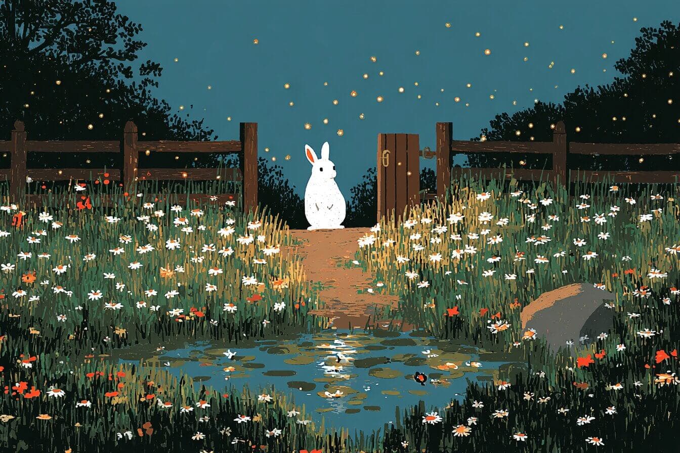 A small bunny named Thistle follows a trail of glowing fireflies through a moonlit meadow toward her cozy home.