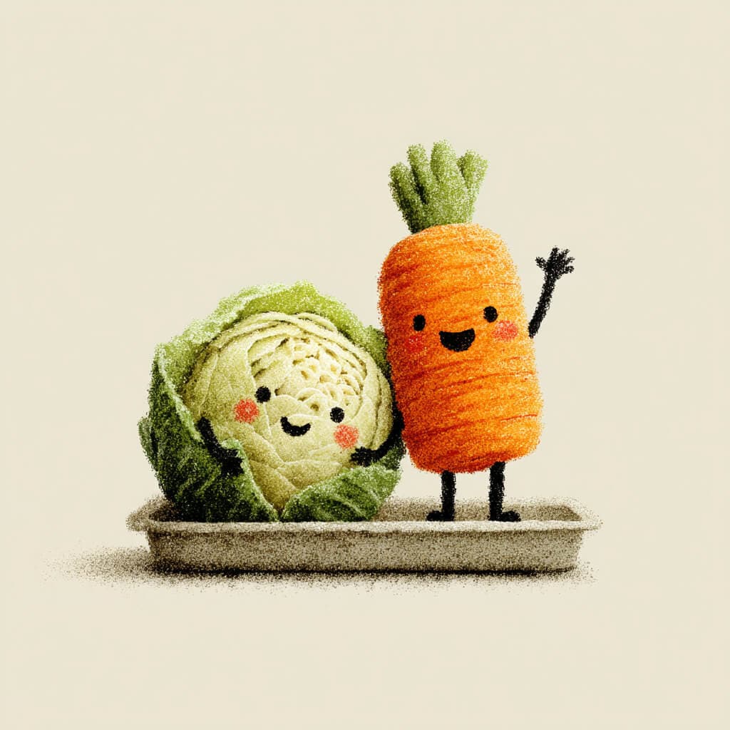 Cartoon carrot and lettuce sneaking out of a moonlit garden while rabbits lurk in the shadows