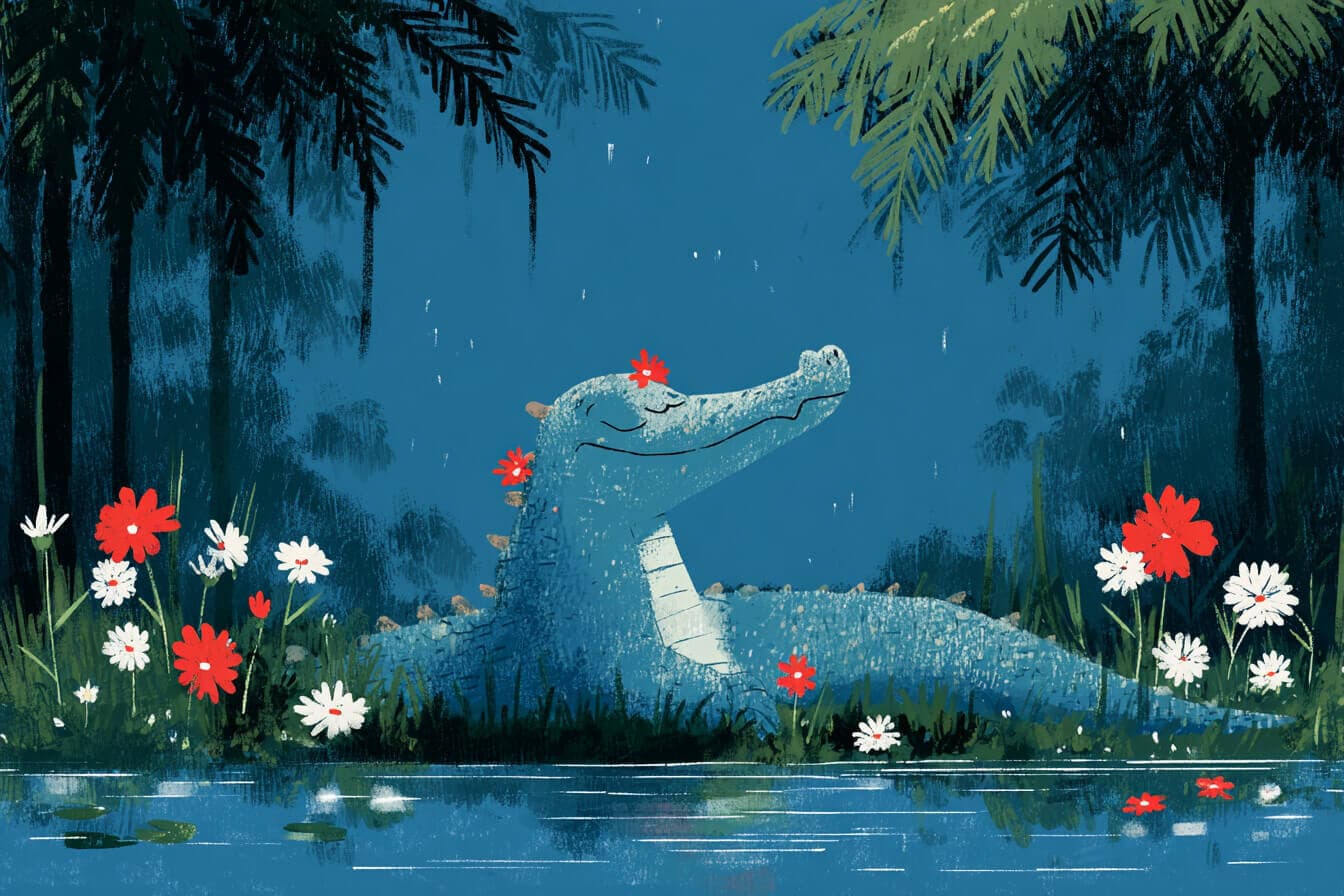 A friendly green crocodile floats in a quiet lagoon while writing a poem on smooth reed paper by moonlight.