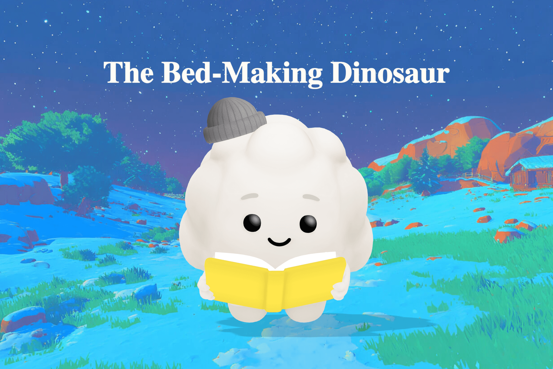 A friendly T-Rex named Toby stands in his cave looking at his messy bed while a small pterodactyl perches on the bedpost.