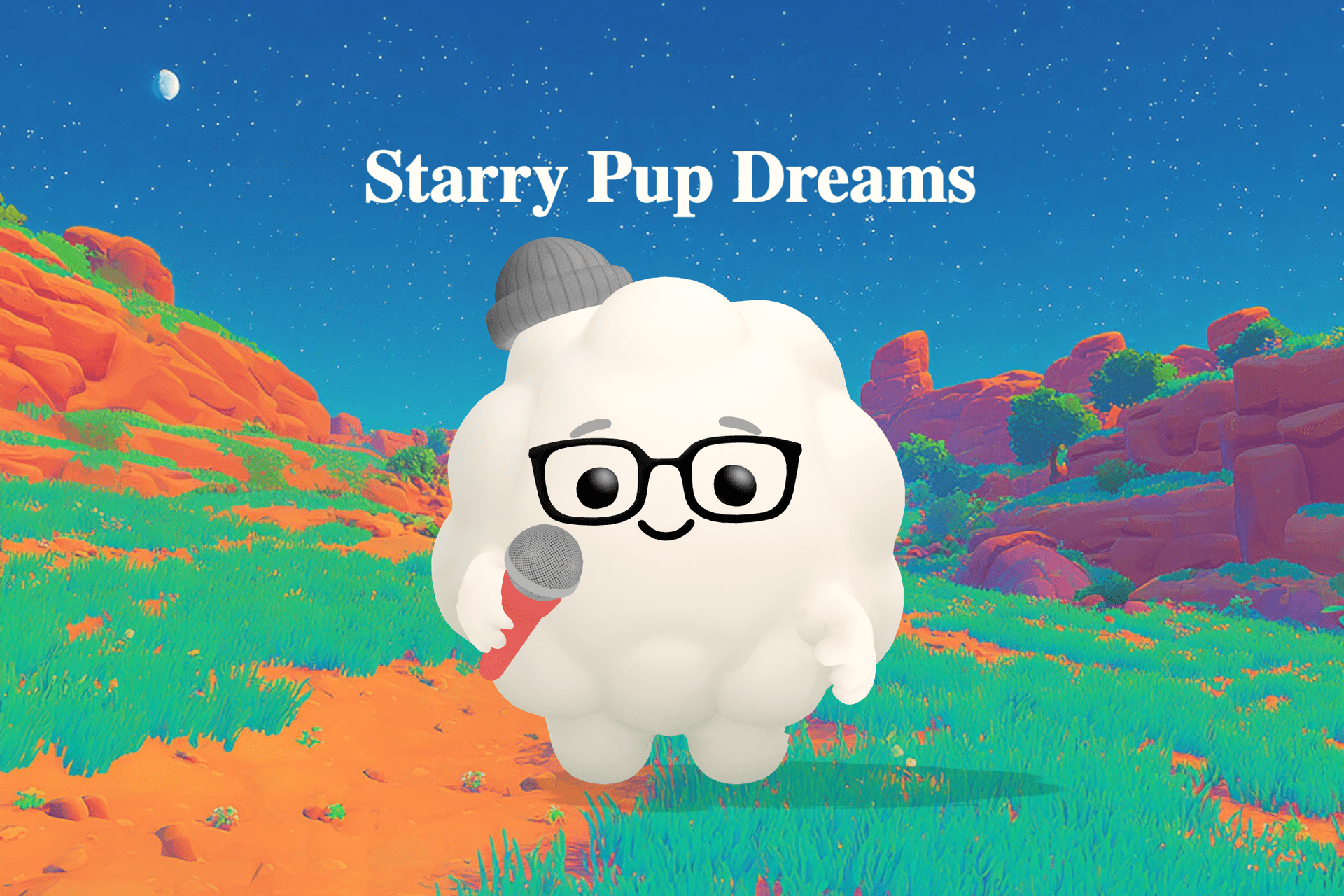 A small puppy resting peacefully in a moonlit field of soft grass beneath a glowing, starry night sky.