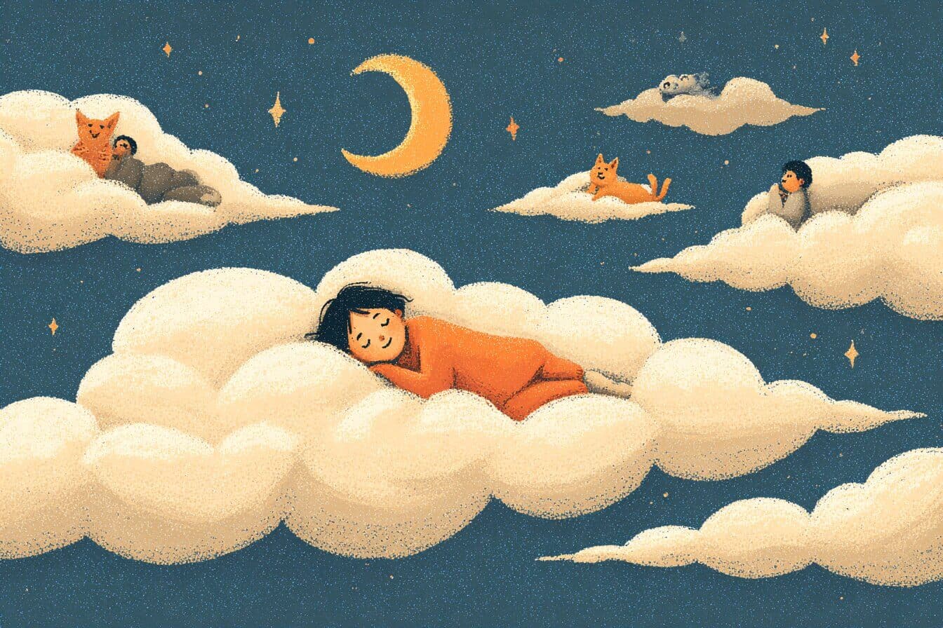 A child floats above soft pillow clouds with a friendly dog in a quiet moonlit dream world.