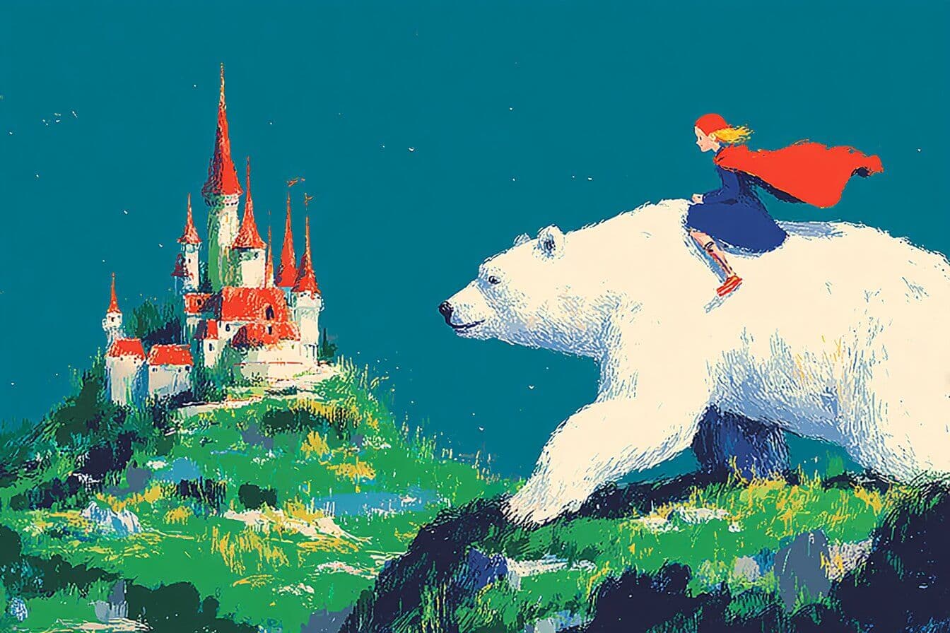 A brave child in a red cloak rides a white bear across snowy hills toward a glowing ice castle in the distance.