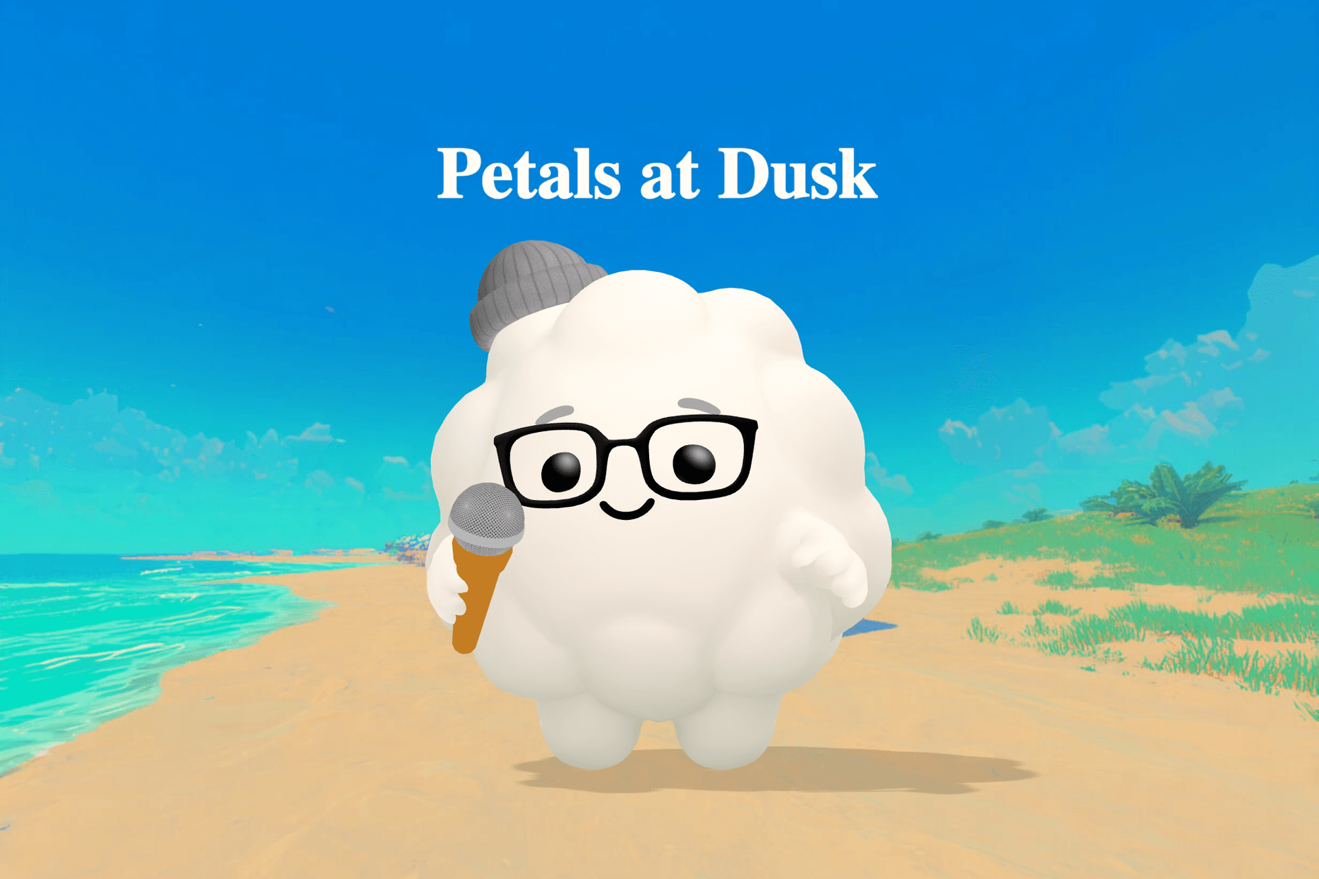 A soft, dreamy scene of cherry blossom petals floating over a glowing moonlit pond beside a stone path and dim paper lanterns at dusk.