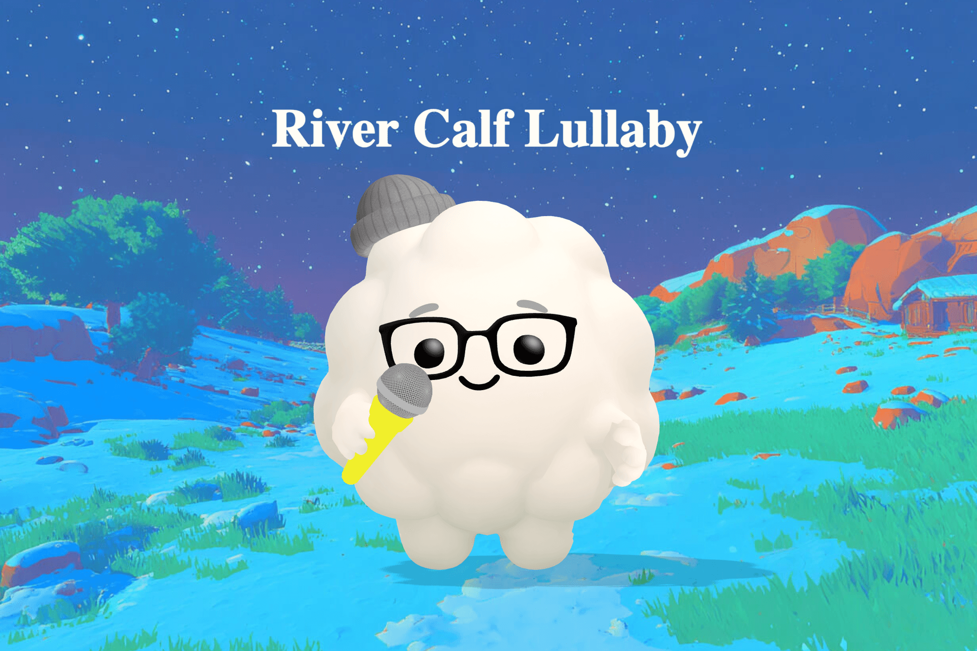 A small elephant calf walking beside its mother along a moonlit river under a sky full of soft, glowing stars.