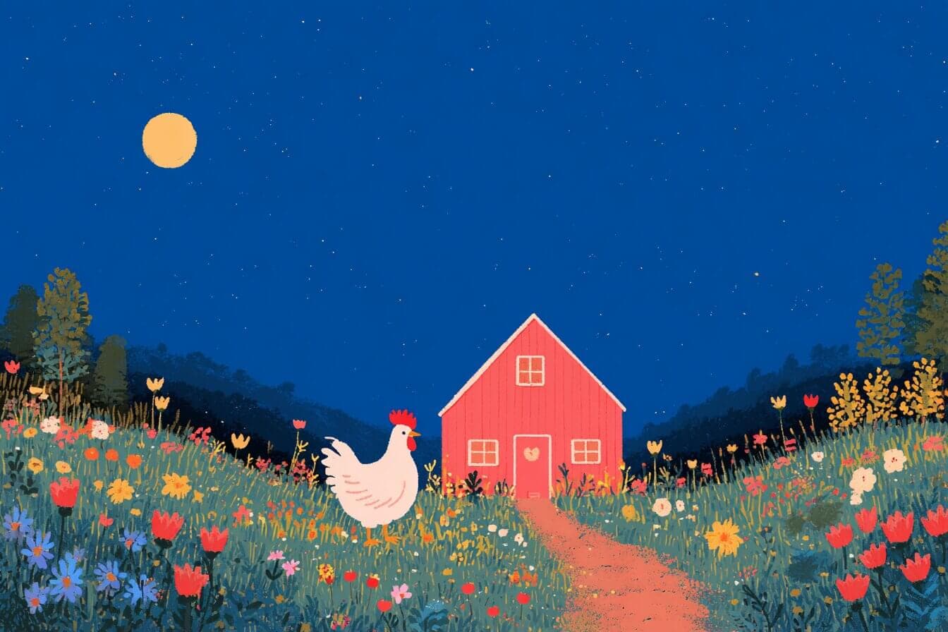 A speckled calf and a kind grandpa share quiet farm chores under a warm lantern glow.