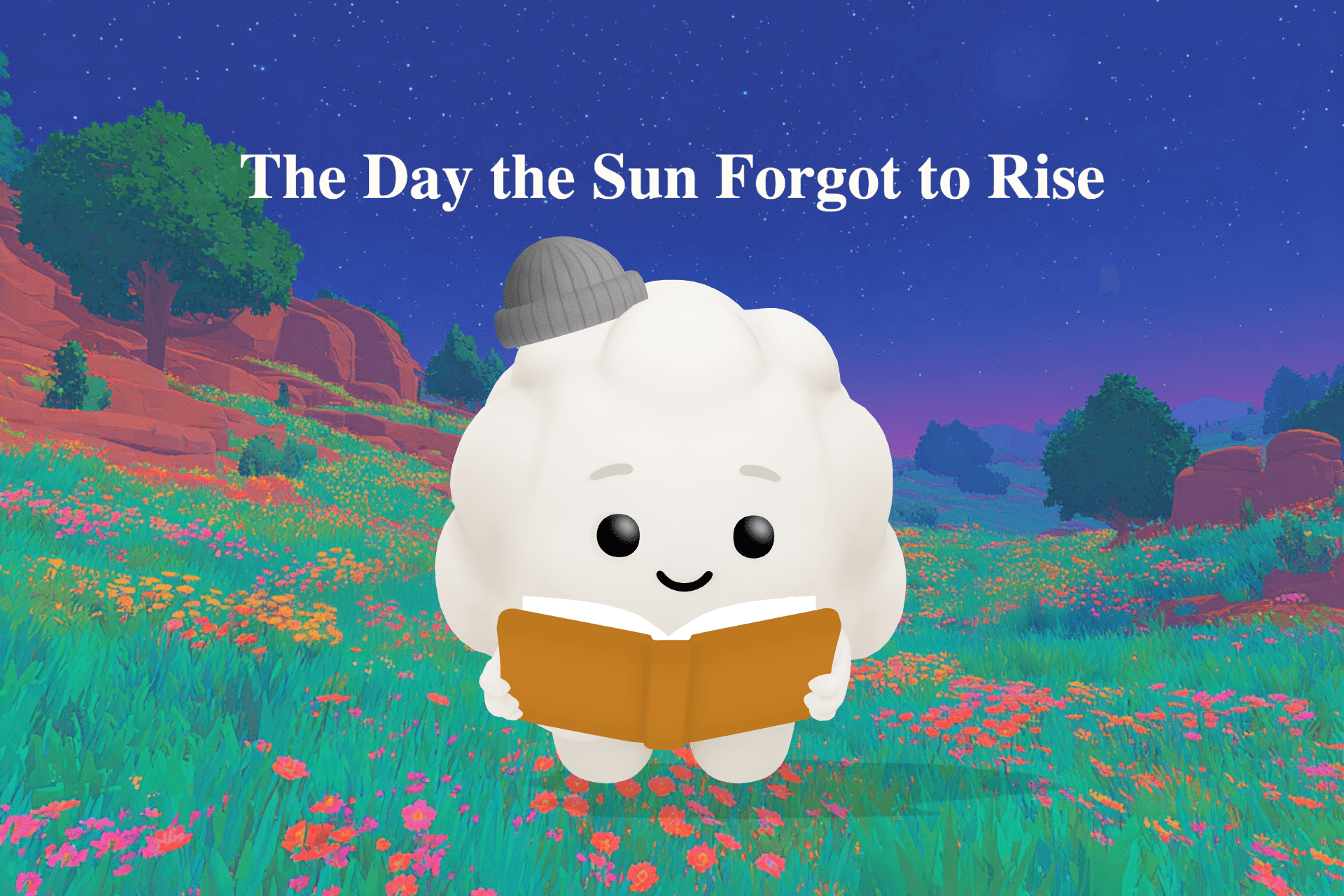 A small pink pig stands on a fence post beneath a dark starry sky as a golden sunrise begins to glow over a peaceful farm.