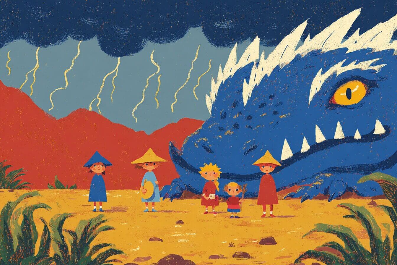 Five children stand by a tiny shell studded door in a sandy gravel pit while a small winged fairy frowns at them.