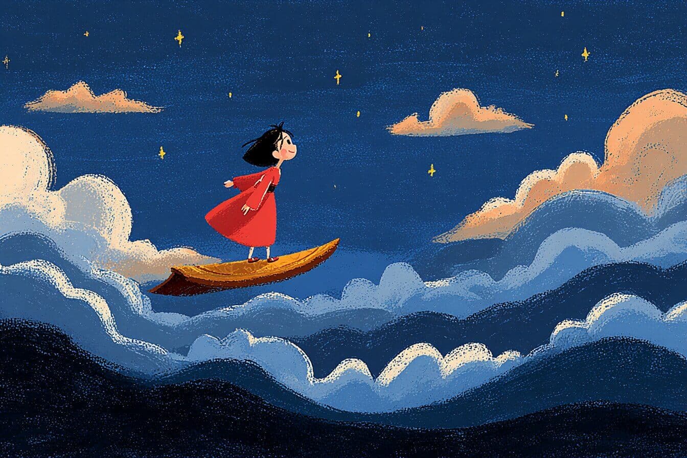 A child rides a softly glowing flying carpet beneath quiet northern lights above a snowy village.