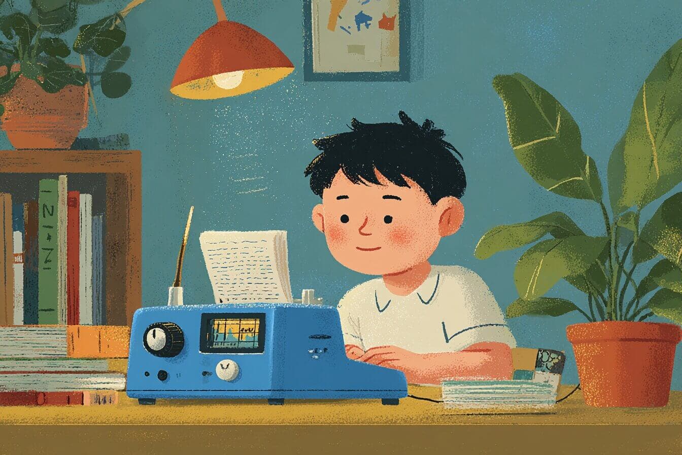 A teen boy in a garage watches a quirky printer spit out dramatic homework lines while his sister giggles nearby.